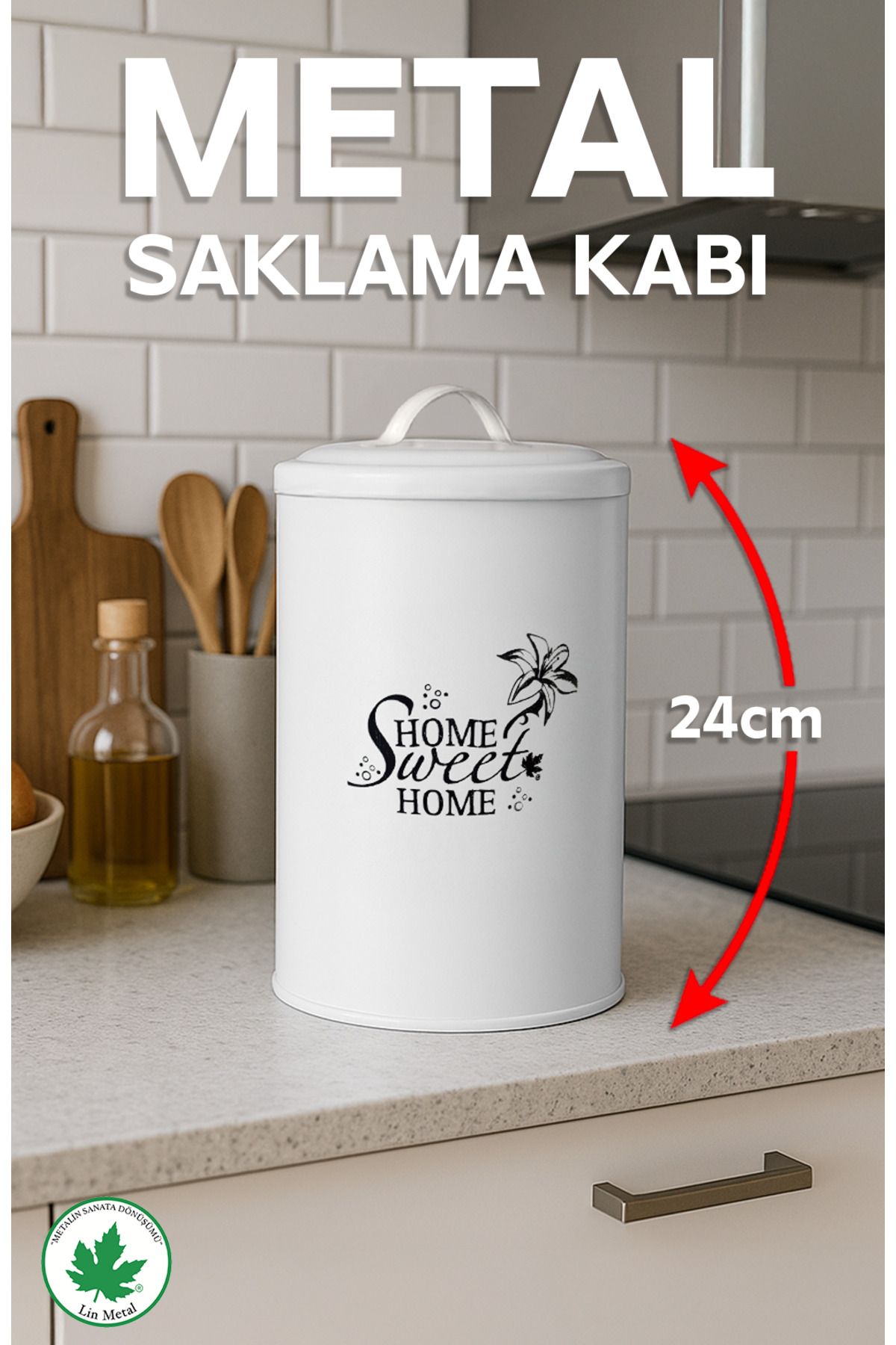 Lin Metal Metal Yuvarlak Tek Saklama Kabı - Home Sweet Home Baskılı - Pinterest Erzak Kabı