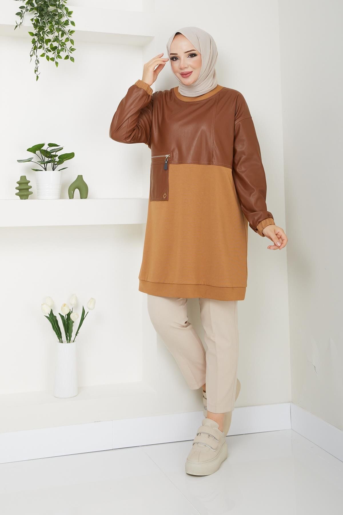 Doque-Hijab Seasonal Leather Combination Women's Tunic - 61023 3