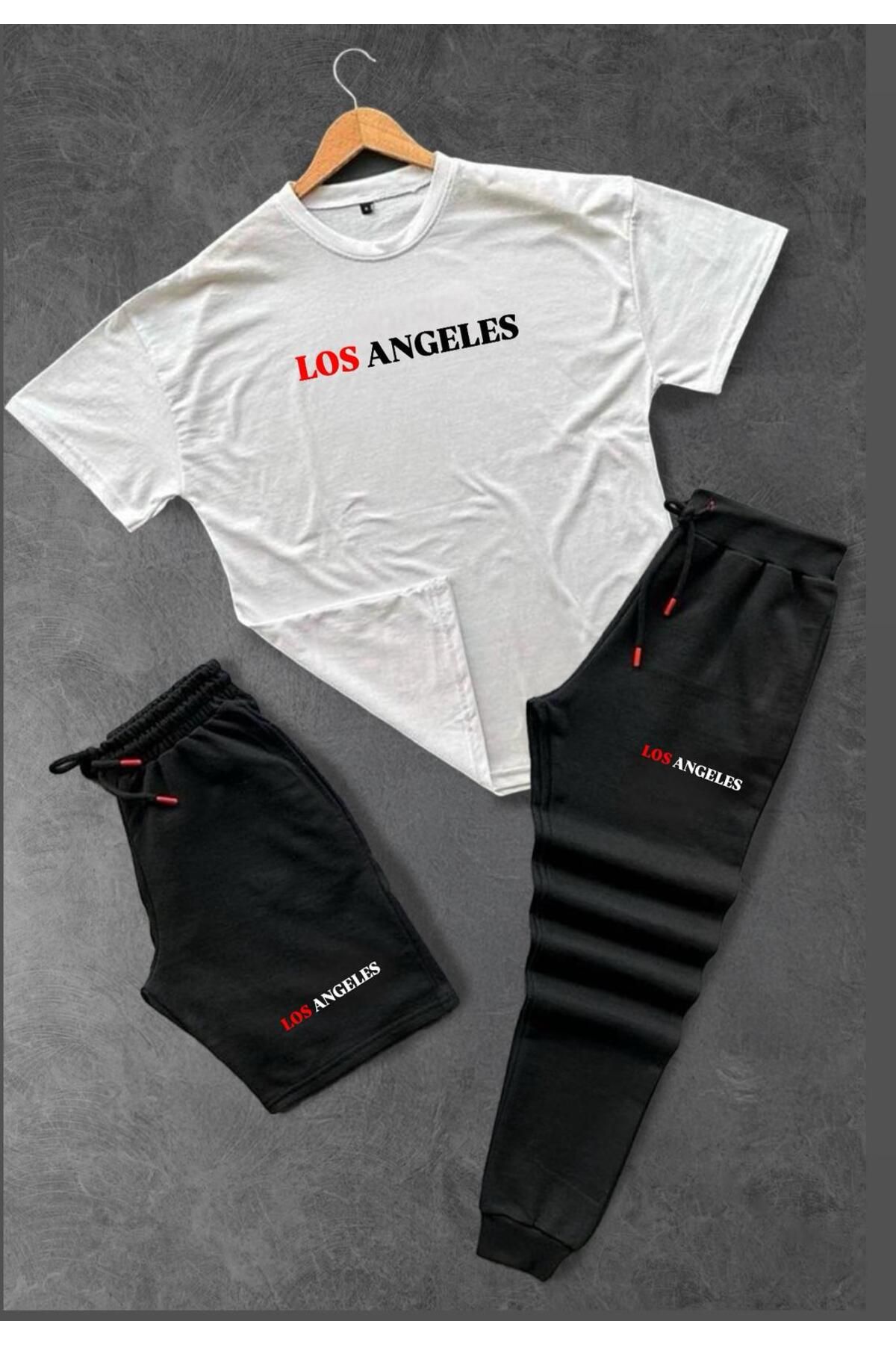 woonkey UNISEX OVERSİZE LOS ANGELES BASKILI BİSİKLET YAKA PENYE TİŞÖRT ŞORT EŞOFMAN 3'LÜ SET YAZLIK