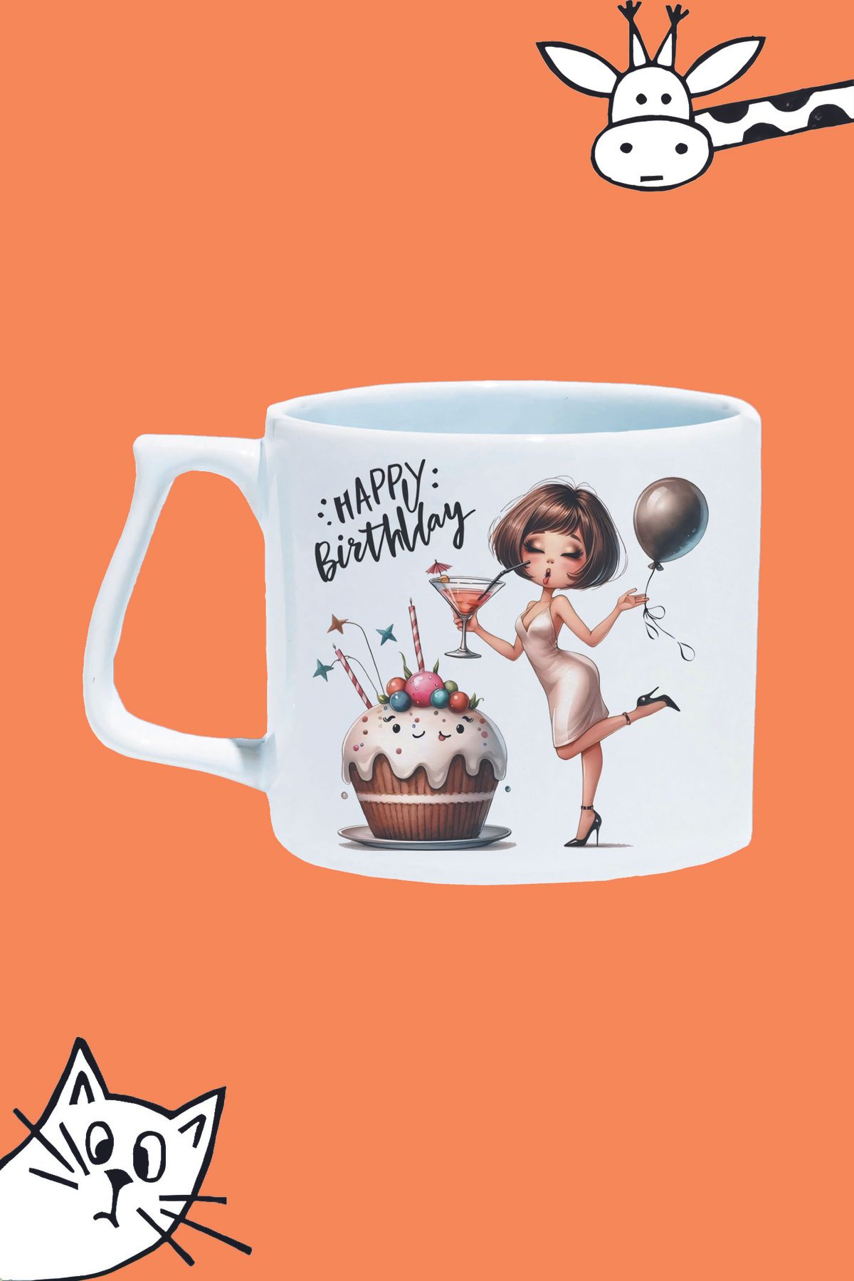 Olympus plus HAPPY BIRTHDAY MUTLU YILLAR DOĞUM GÜNÜ PASTA TASARIM BASKILI BEYAZ LÜKS KUPA BARDAK