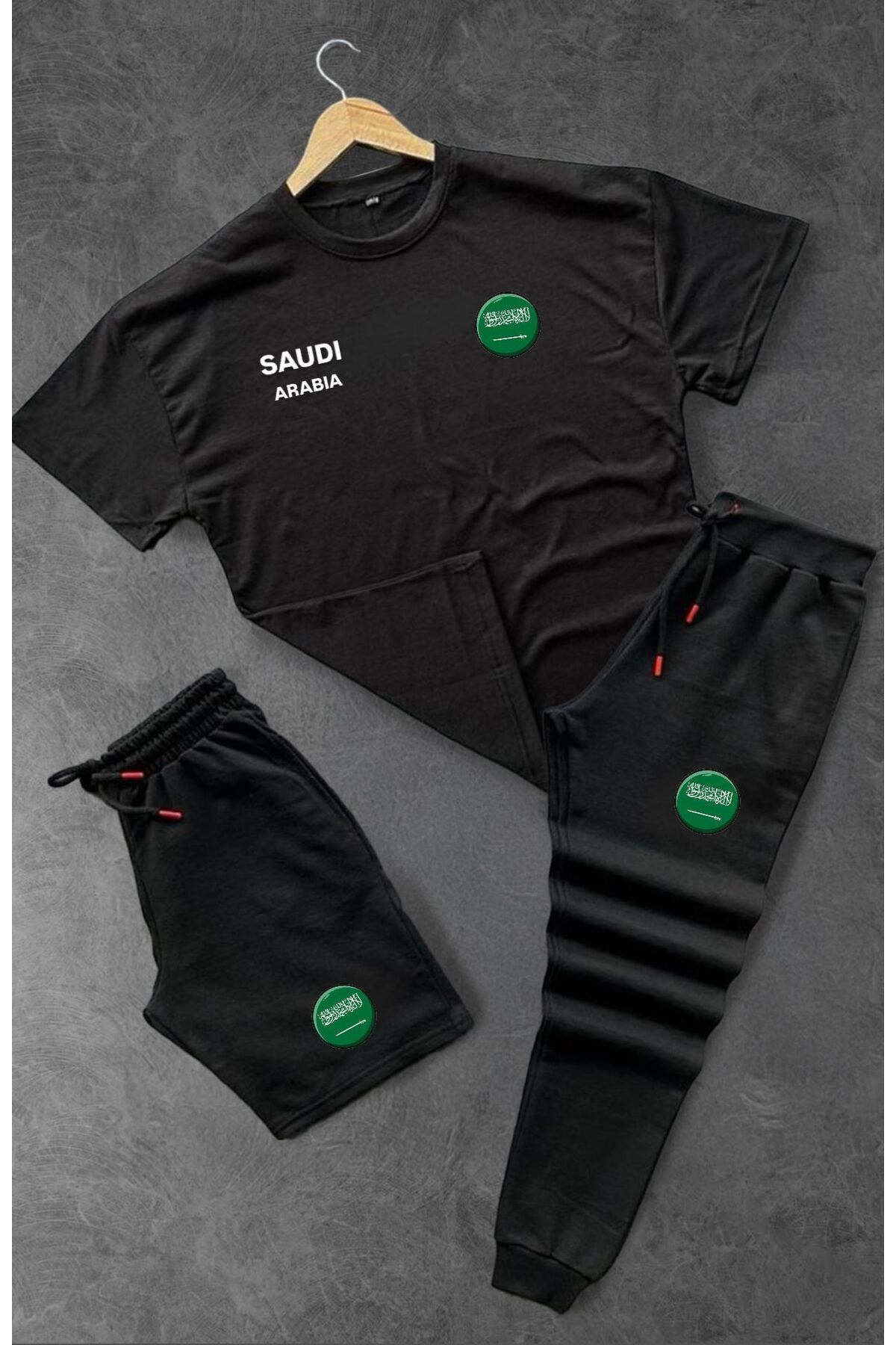 woonkey UNISEX OVERSİZE SAUDI ARABIA BASKILI BİSİKLET YAKA PENYE TİŞÖRT ŞORT EŞOFMAN 3'LÜ SET