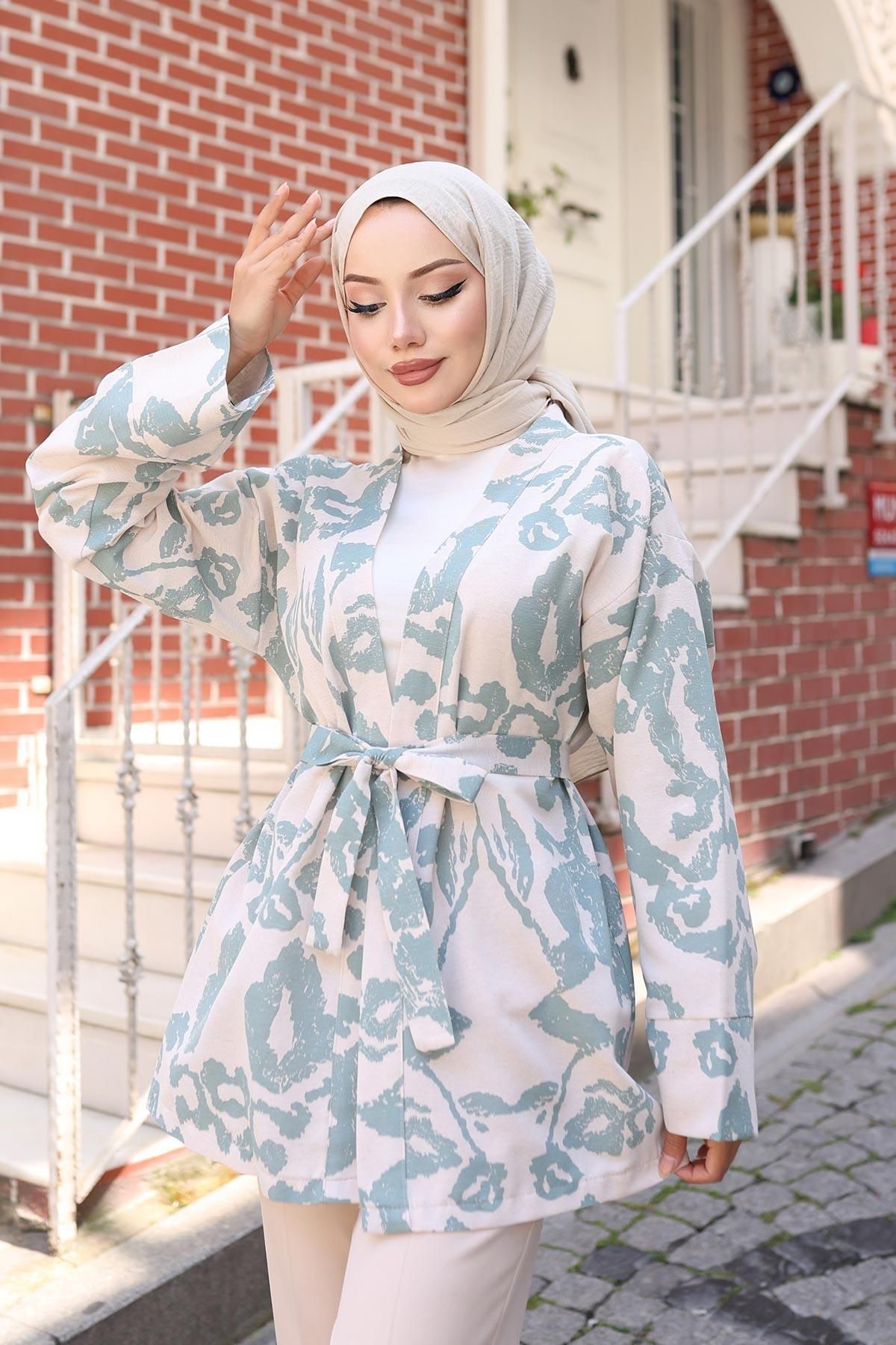 MİSSKAYLE Etnik Desen Kimono Mint Yeşili