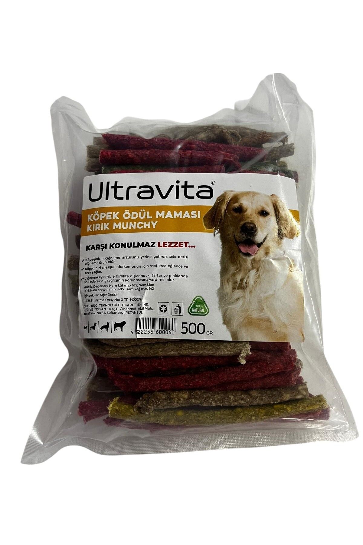 ULTRAVİTA YÜKSEK PROTEİNLİ KURUTULMUŞ ATIŞTIRMALIK RENKLİ KIRIK MUNCHY ÇUBUK KÖPEK ÖDÜL MAMASI 500 GR