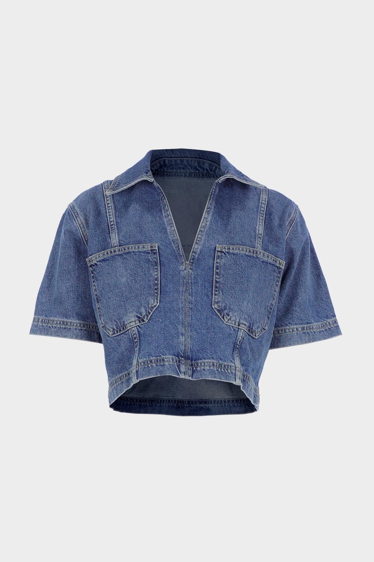 CROSS JEANS Açık Mavi Cepli Crop V Yaka Kısa Kollu Jean Gömlek C 4538-249