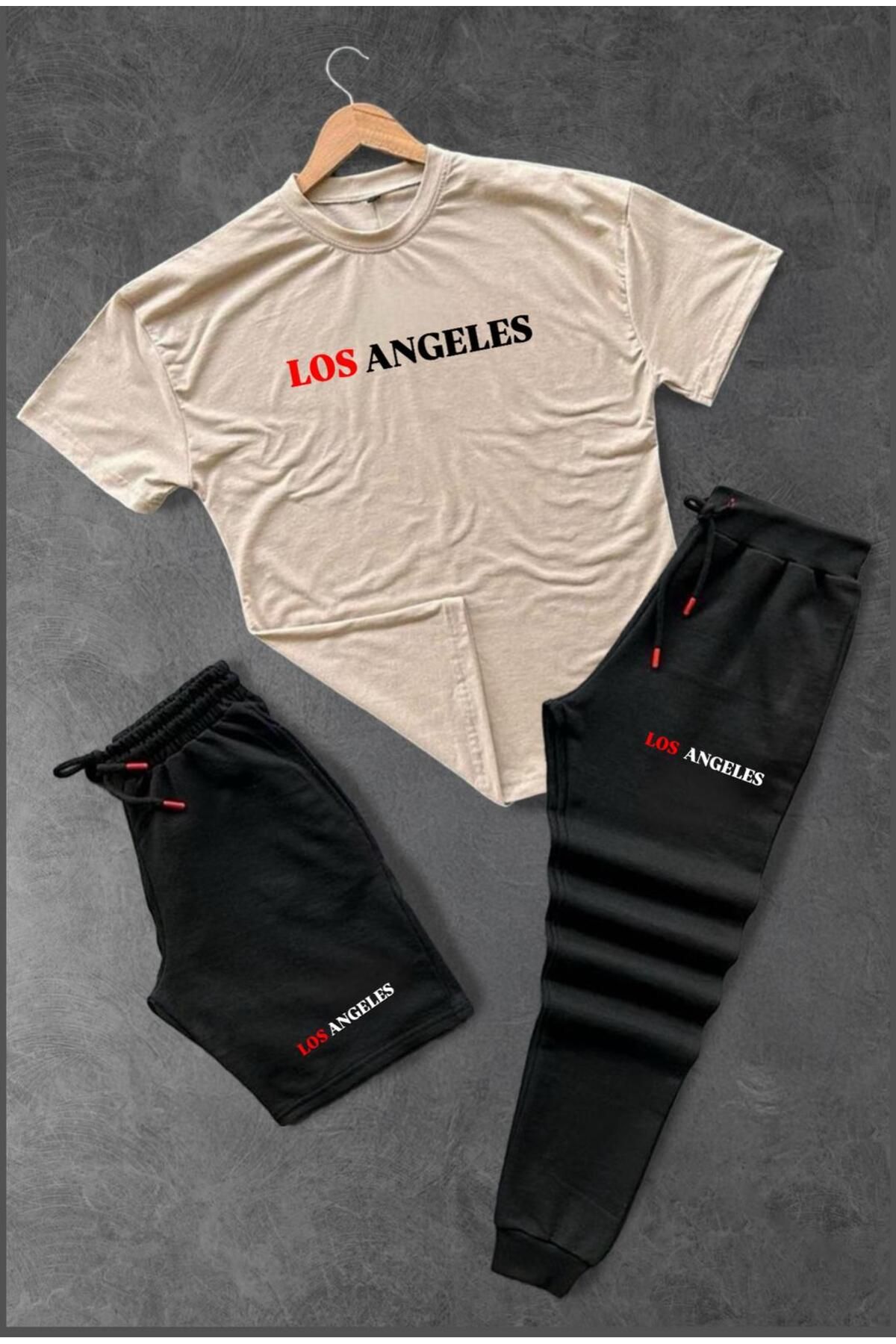 woonkey UNISEX OVERSİZE LOS ANGELES BASKILI BİSİKLET YAKA PENYE TİŞÖRT ŞORT EŞOFMAN 3'LÜ SET YAZLIK