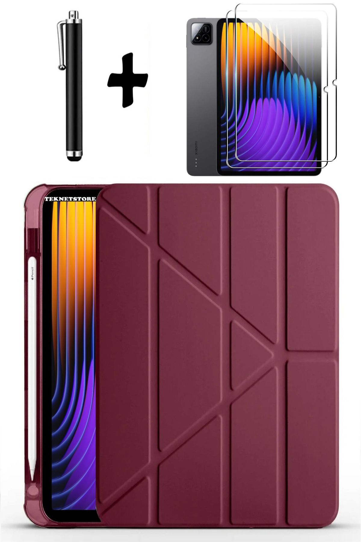 TEKNETSTORE Xiaomi Pad 7 Pro / Pad 7 Uyumlu Kılıf Kalem Bölmeli Standlı Kılıf + Ekran Koruyucu + Kalem 3'lü Set