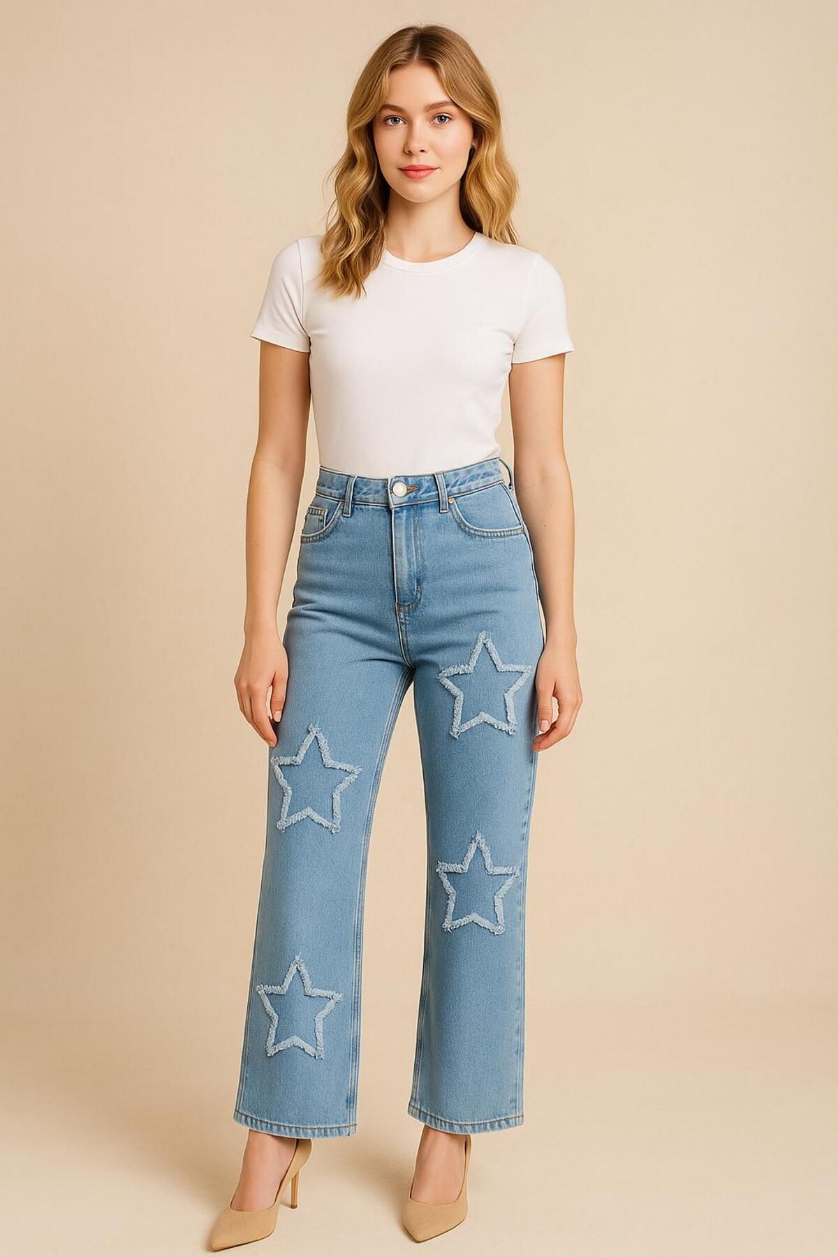 ELONİ KADIN JEANS YILDIZ DESENLİ KOT PANTOLON
