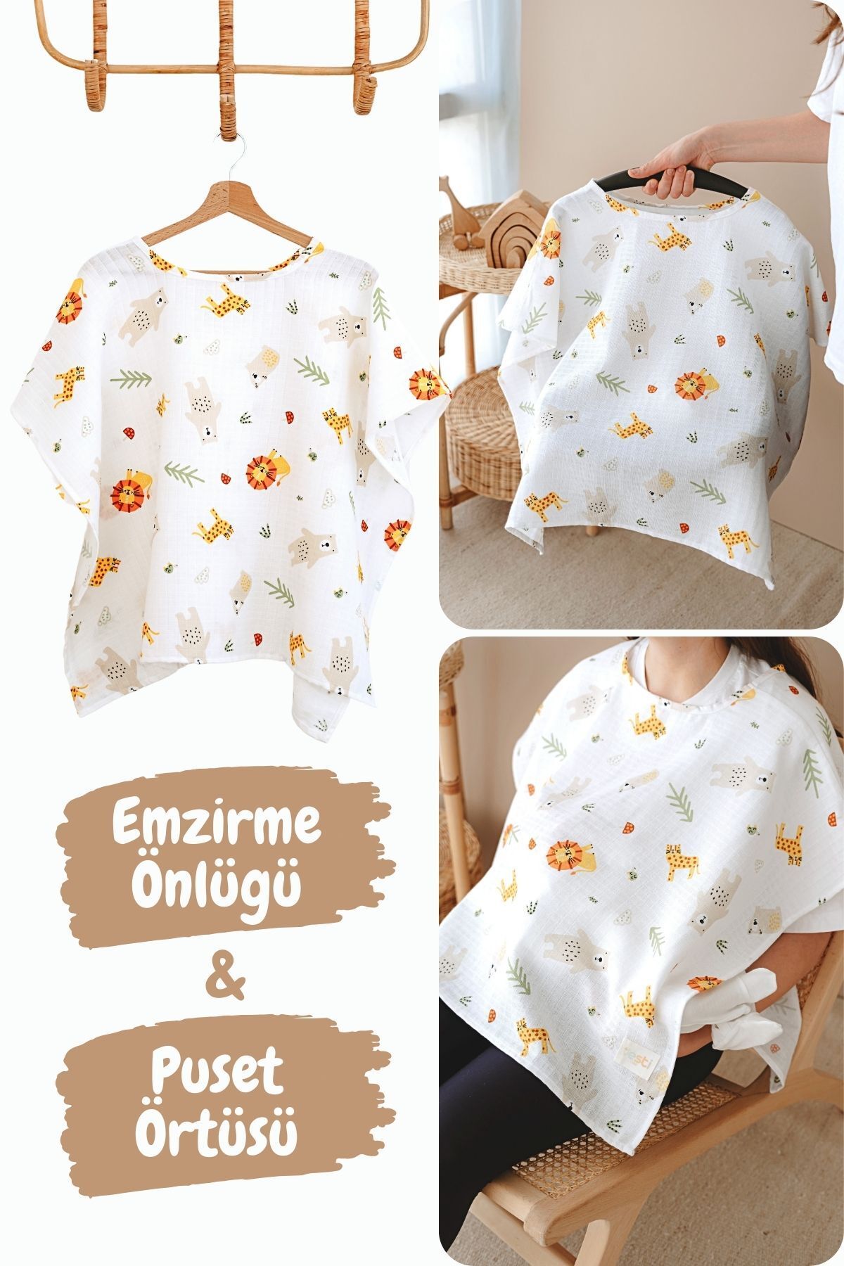 ESTİ Baby Çok Amaçlı Müslin Emzirme Önlüğü / Puset Örtüsü / Bebek Arabası Örtüsü %100 Pamuk 85x130 cm