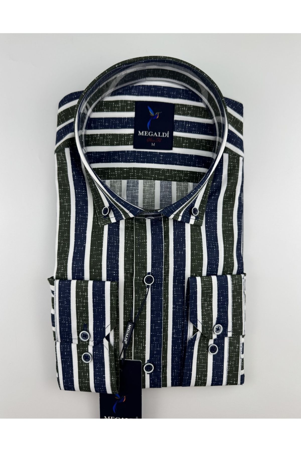 MEGALDİ Erkek Slim Fit Kesim Yeşil Lacivert Çizgili Uzun Kollu Gömlek