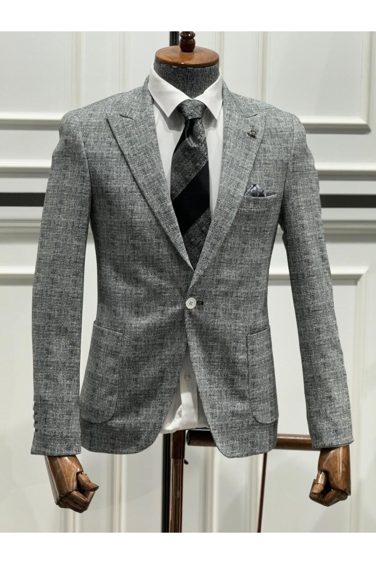 Xram ERKEK DESENLİ TORBA CEP ITALYAN KESİM ESNEK LİKRALI BLAZER TEK CEKET