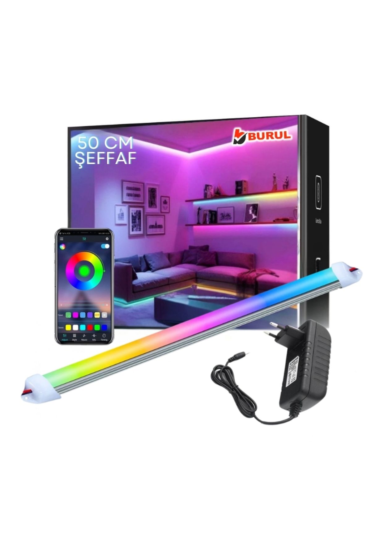 burul SB-6521 RGB Çubuk Şerit Led - 50 cm Şeffaf 256 Renk Bluetooth Kontrol Renk Değiştiren Led Işık