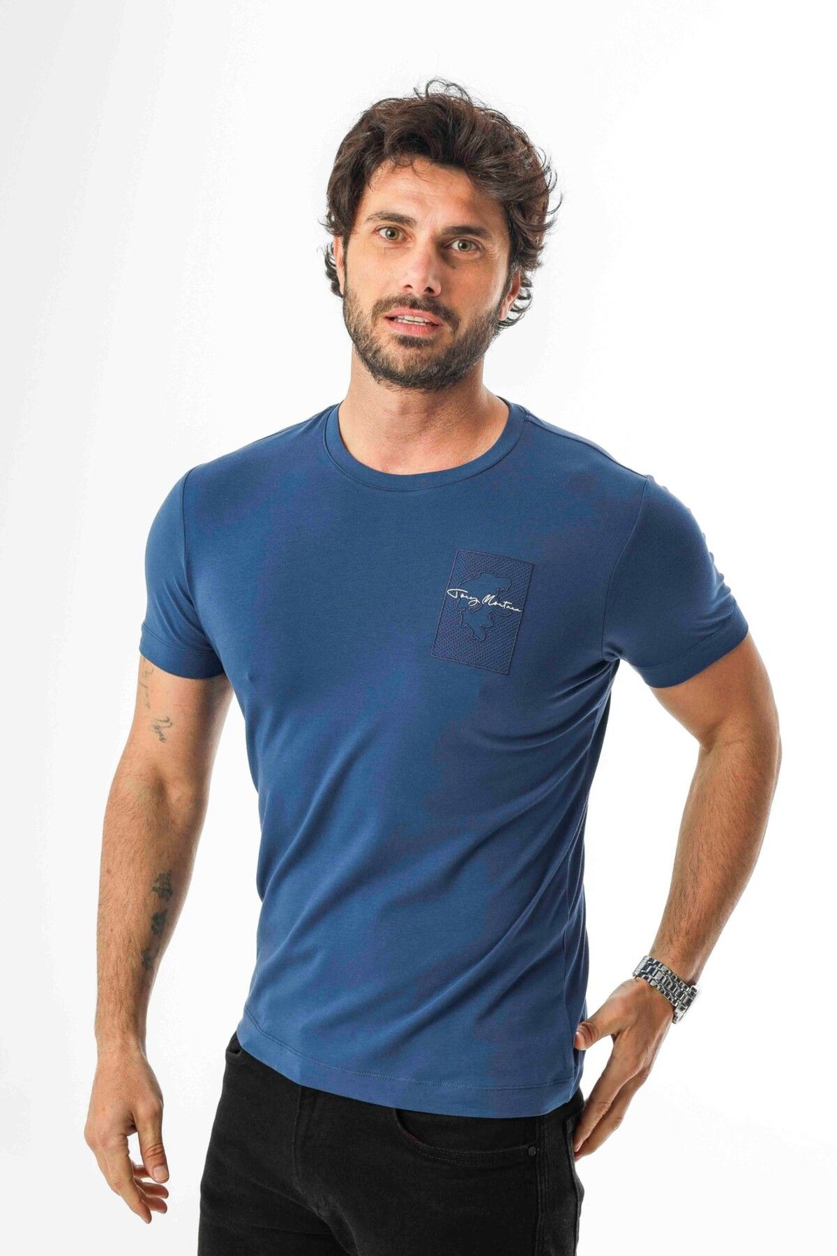 Tony Montana Bisiklet Yaka Nakışlı Pamuklu T-Shirt-MSL-2258