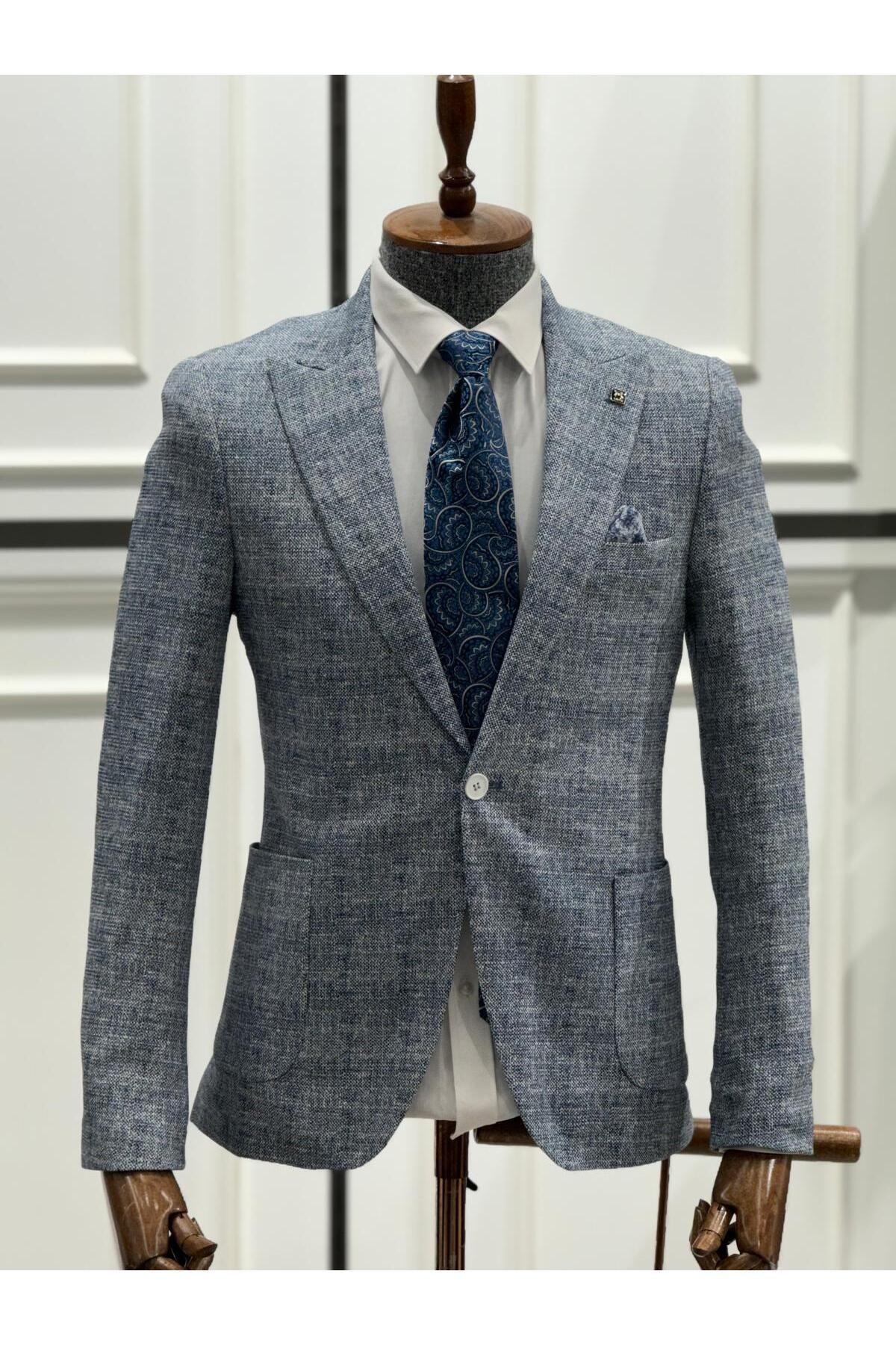 Xram ERKEK DESENLİ TORBA CEP ITALYAN KESİM ESNEK LİKRALI BLAZER TEK CEKET