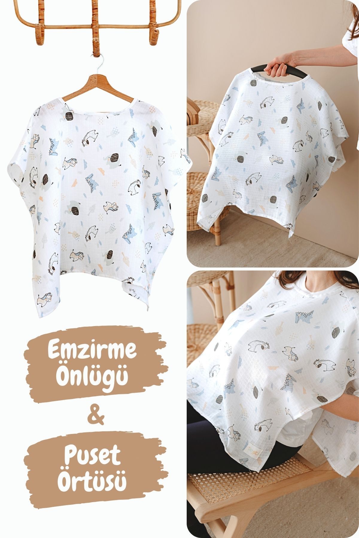 ESTİ Baby Çok Amaçlı Müslin Emzirme Önlüğü / Puset Örtüsü / Bebek Arabası Örtüsü %100 Pamuk 85x130 cm