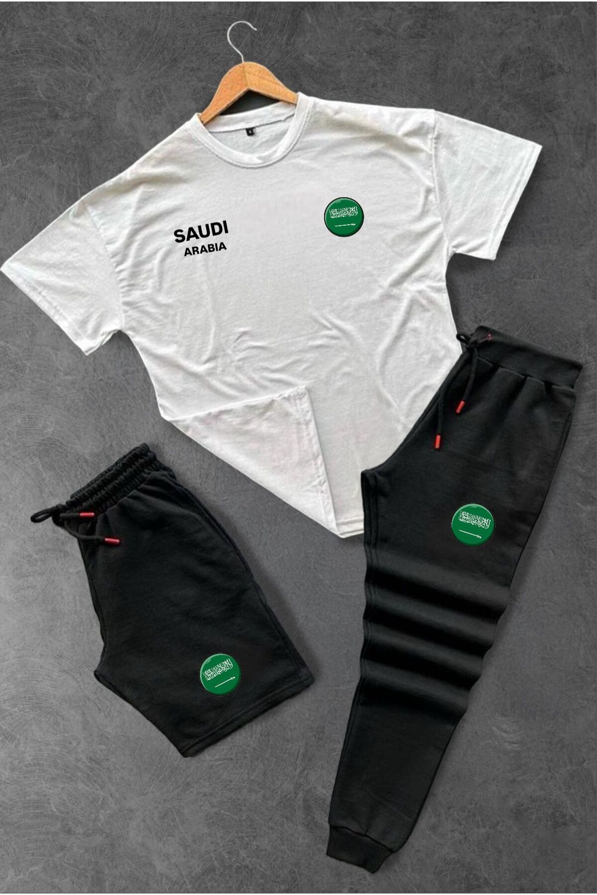 woonkey UNISEX OVERSİZE SAUDI ARABIA BASKILI BİSİKLET YAKA PENYE TİŞÖRT ŞORT EŞOFMAN 3'LÜ SET