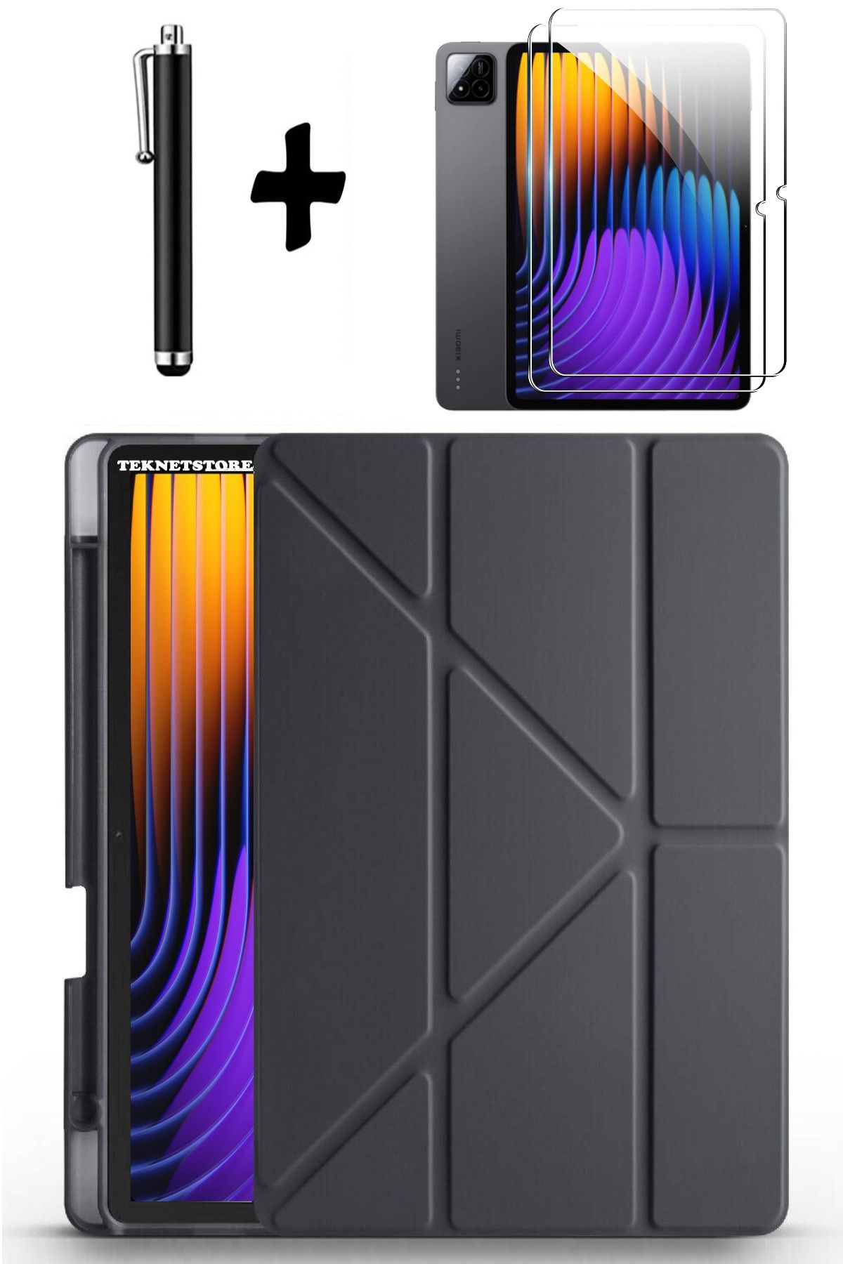 TEKNETSTORE Xiaomi Pad 7 Pro / Pad 7 Uyumlu Kılıf Kalem Bölmeli Standlı Kılıf + Ekran Koruyucu + Kalem 3'lü Set