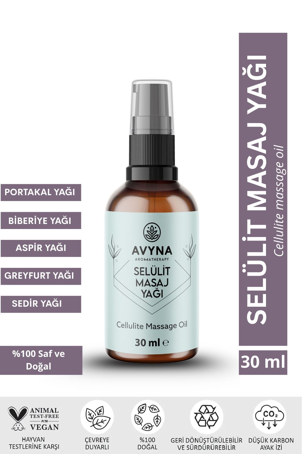 AVYNA Selülit Masaj Yağı 30 ml Cam Şişede %100 Doğal Vücut Sıkılaştırıcı (Cellulite Massage Oil)