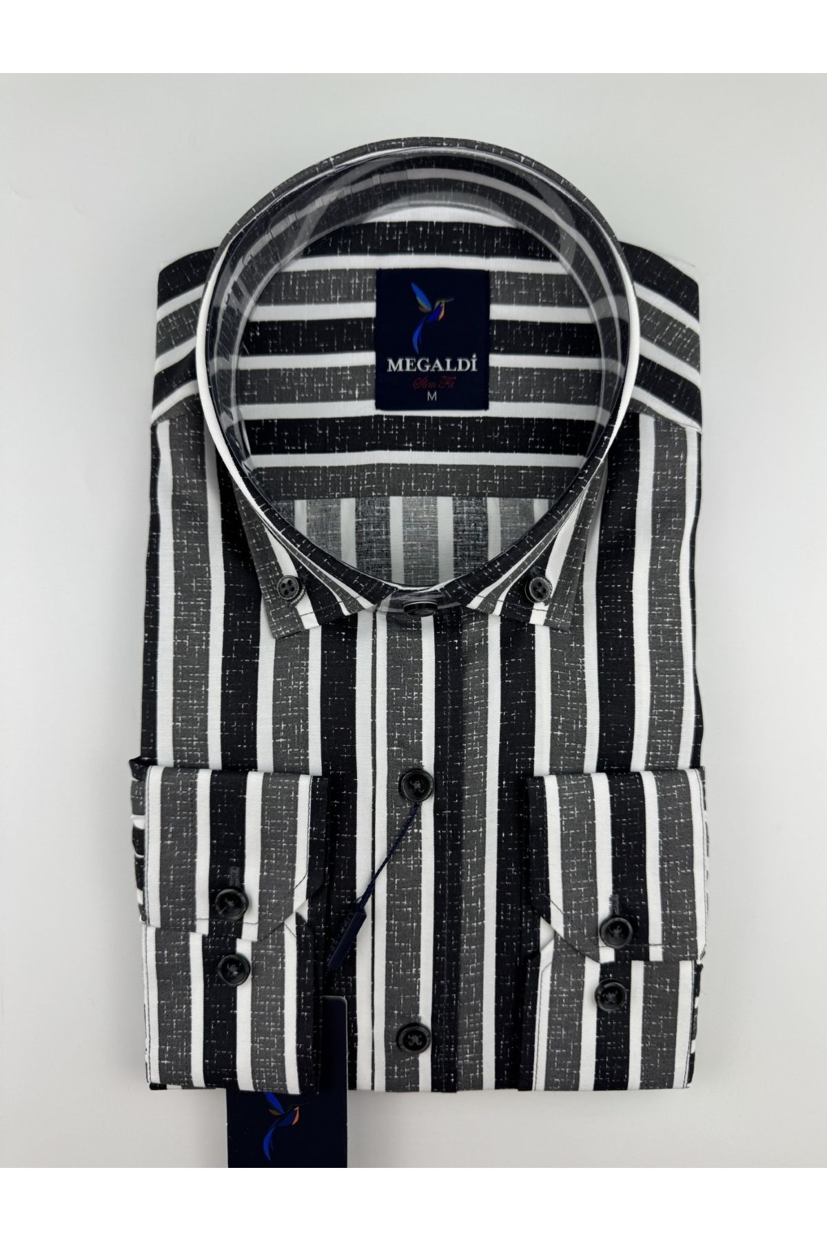 MEGALDİ Erkek Slim Fit Kesim Antresit Siyah Çizgili Uzun Kollu Gömlek