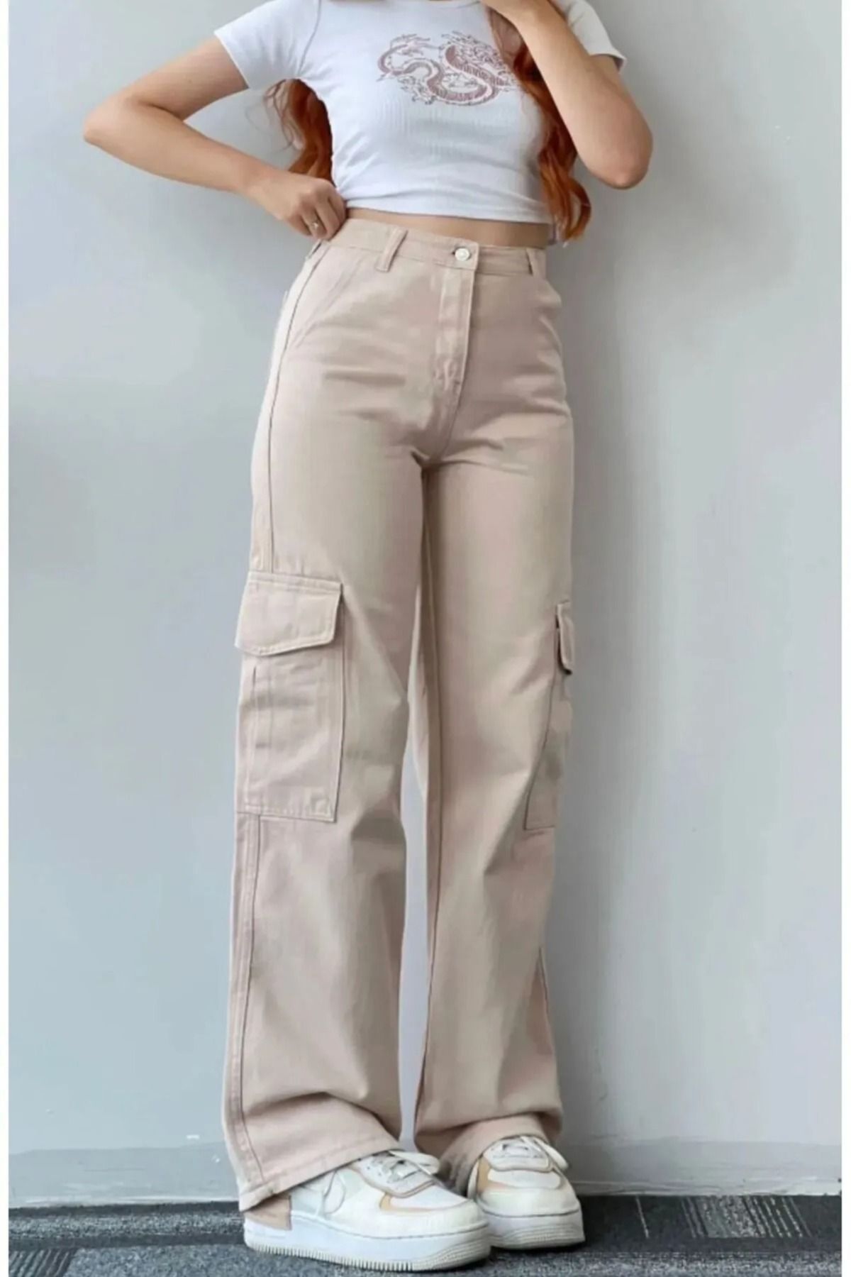 G Wear Kadın Bej Wide Leg Kargo Cep Palazzo Jean