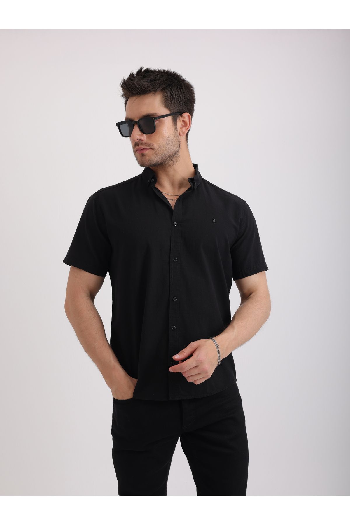 Sabe Erkek Slim Fit Siyah Şık ve Rahat Kısa Kollu Keten Gömlek
