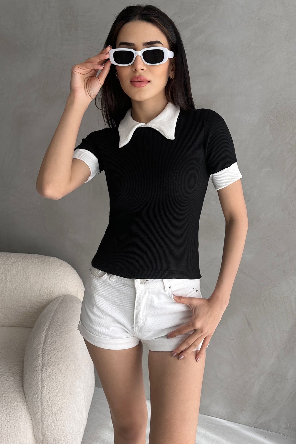 Rabi Shine KADIN POLO YAKA FİTİLLİ ÖRME BLUZ