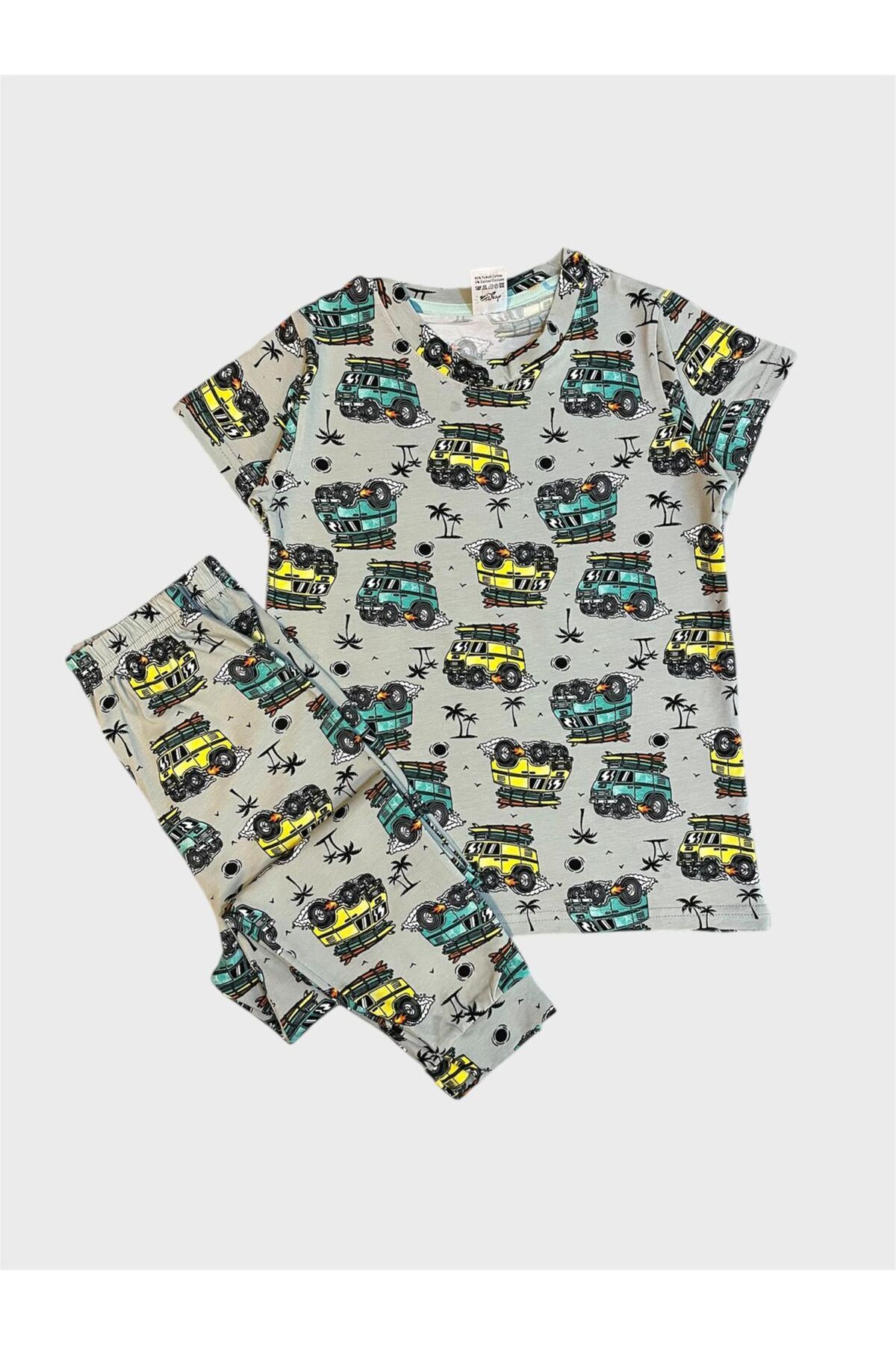 elmas kids-Boys' 100% Cotton Gray Car Patterned Short Sleeve Six Long Summer Pajama Set 1