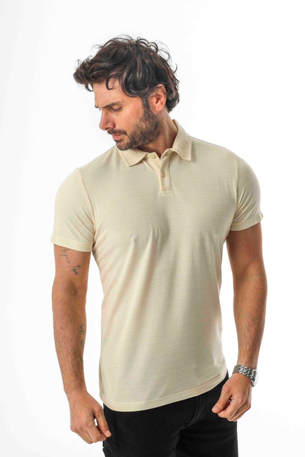 Tony Montana Polo Yaka Düğmeli Viskon Karışımlı Jakarlı T-Shirt-J-2093