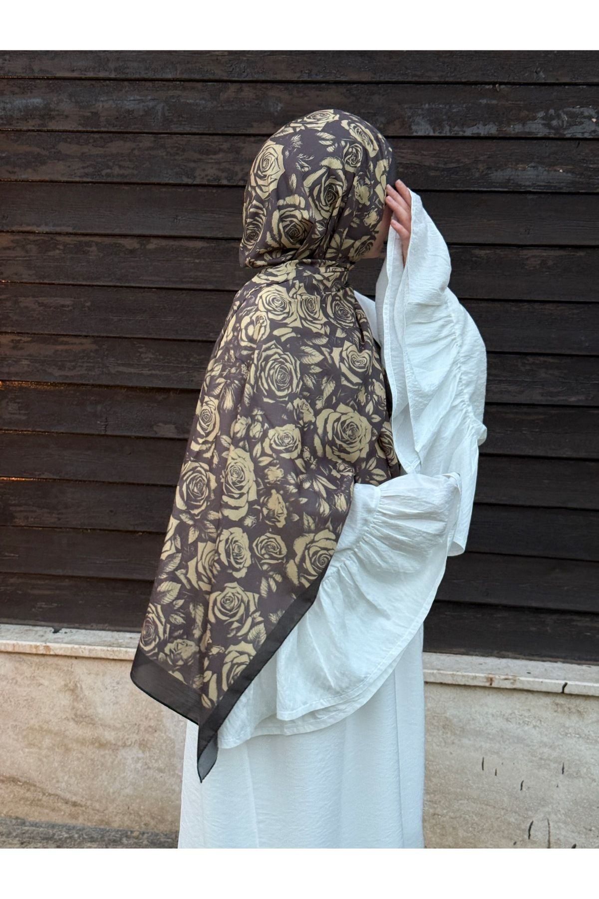 Qalortex Scarf Pamuklu Soft Roza Desen Şal-Acı kahve