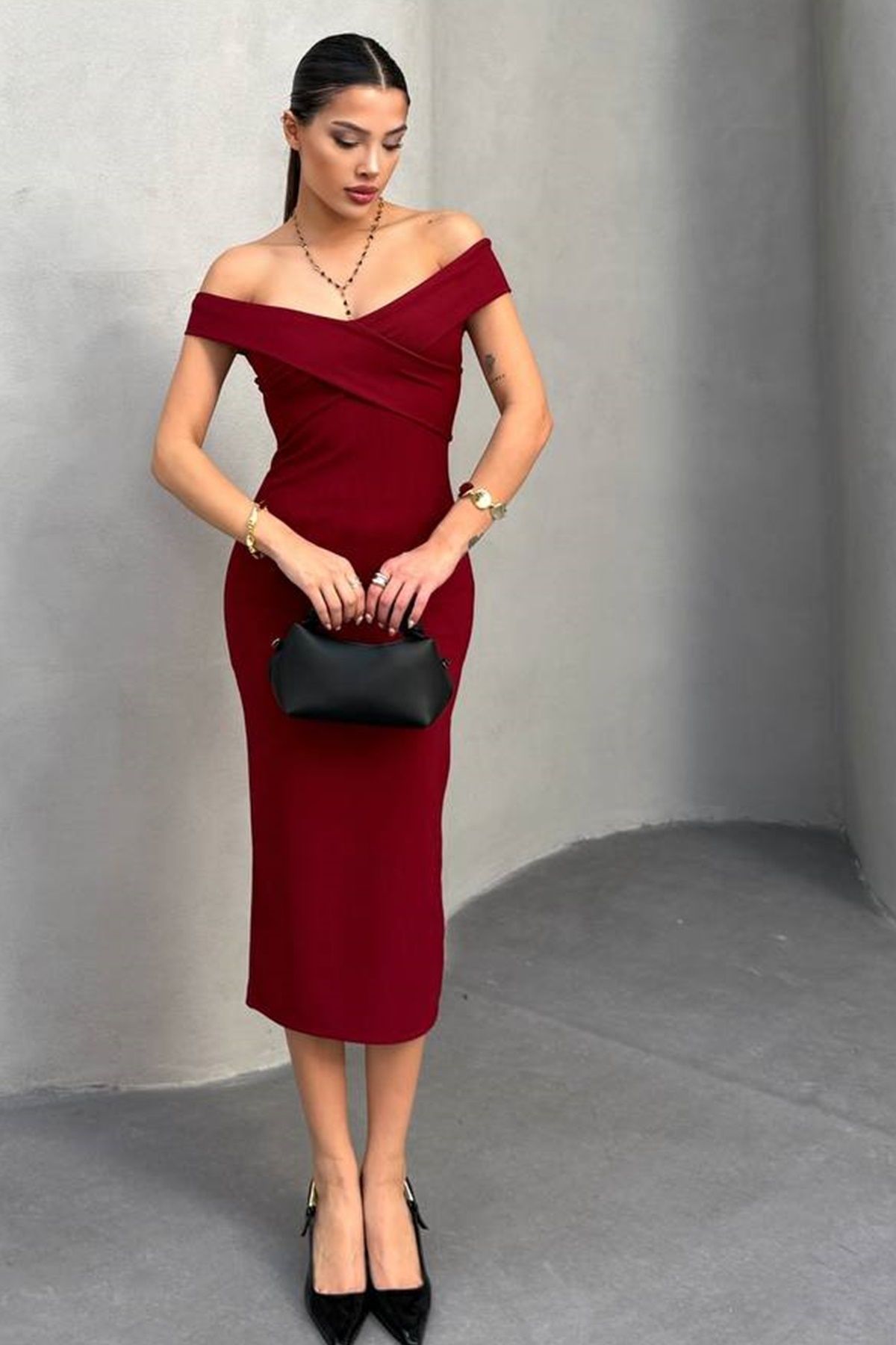 WOMAN VISION Kadın Bordo Omuz Açık Çapraz Bant Midi Elbise 13650