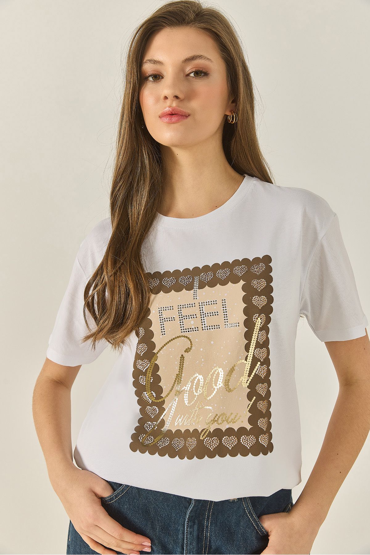 Bianco Lucci Kadın Varak Baskılı Taş Detaylı Kısa Kollu Bisiklet Yaka Pamuklu T-Shirt 60283309
