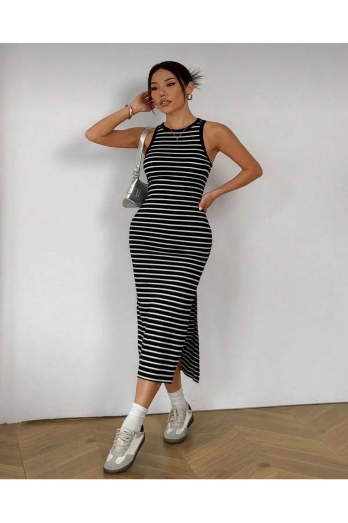 İYMES COLLECTİON Çizgili yırtmaçlı uzun örme elbise