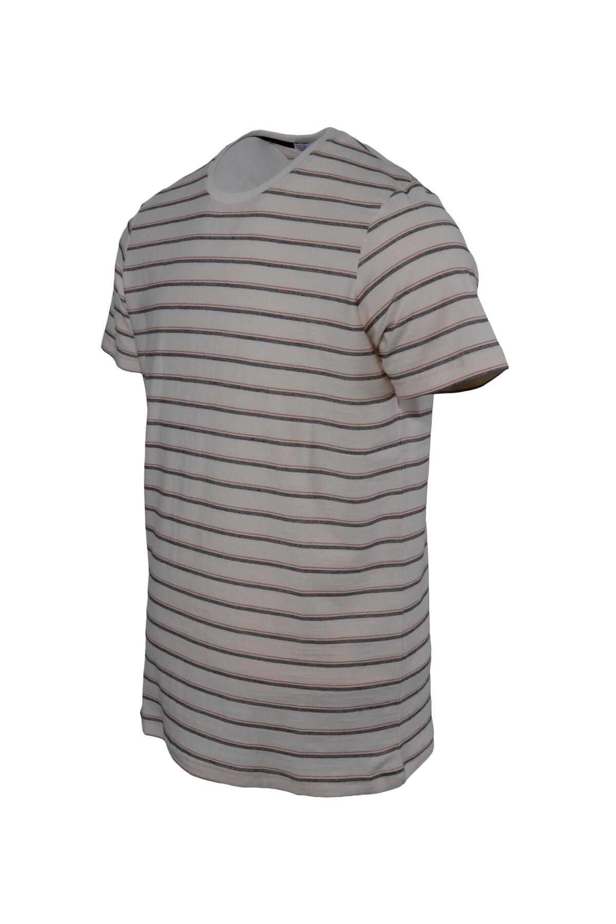 Globay Erkek Çizgili Pamuklu Slim Fit Keten Tişört 10370-ORANGE/SİYAH