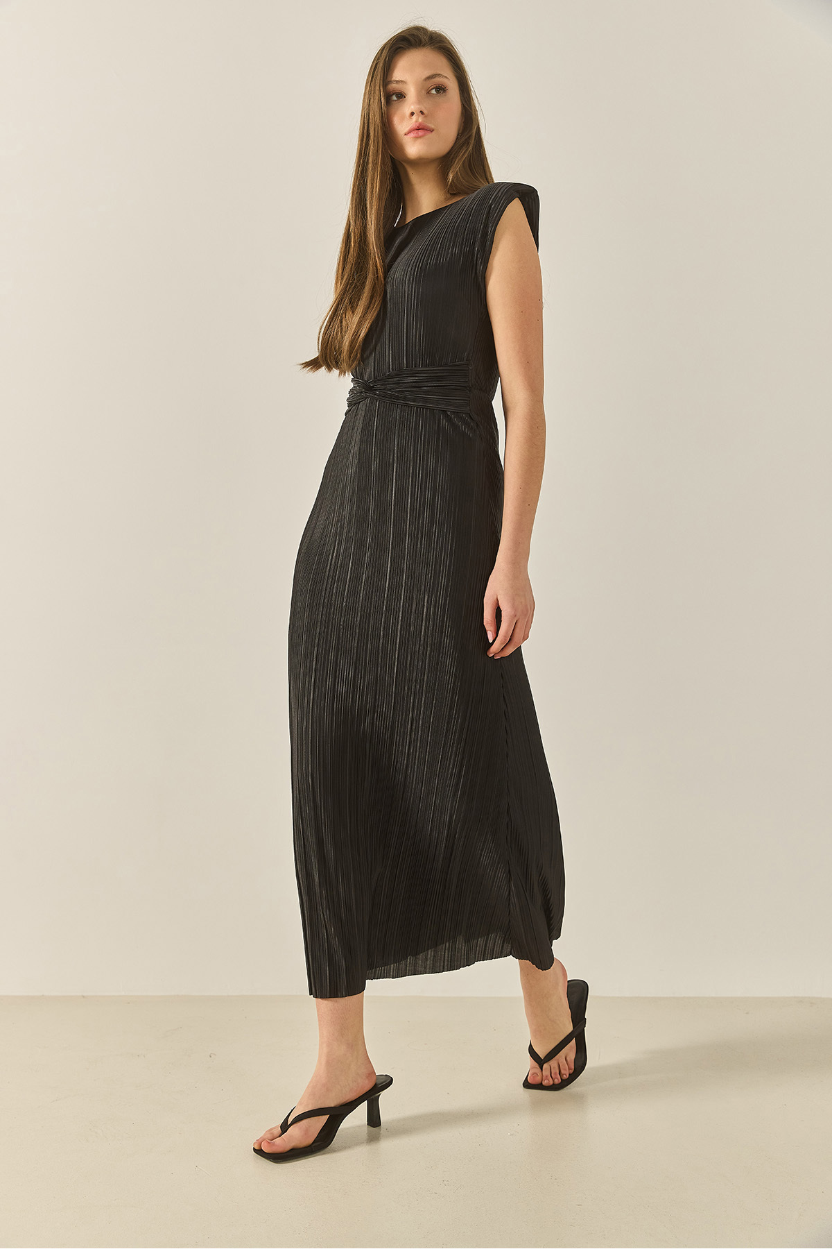 Bianco Lucci-Women's Waist Detailed Padded Satin Textured Long Pleated Dress 436 60283307 5