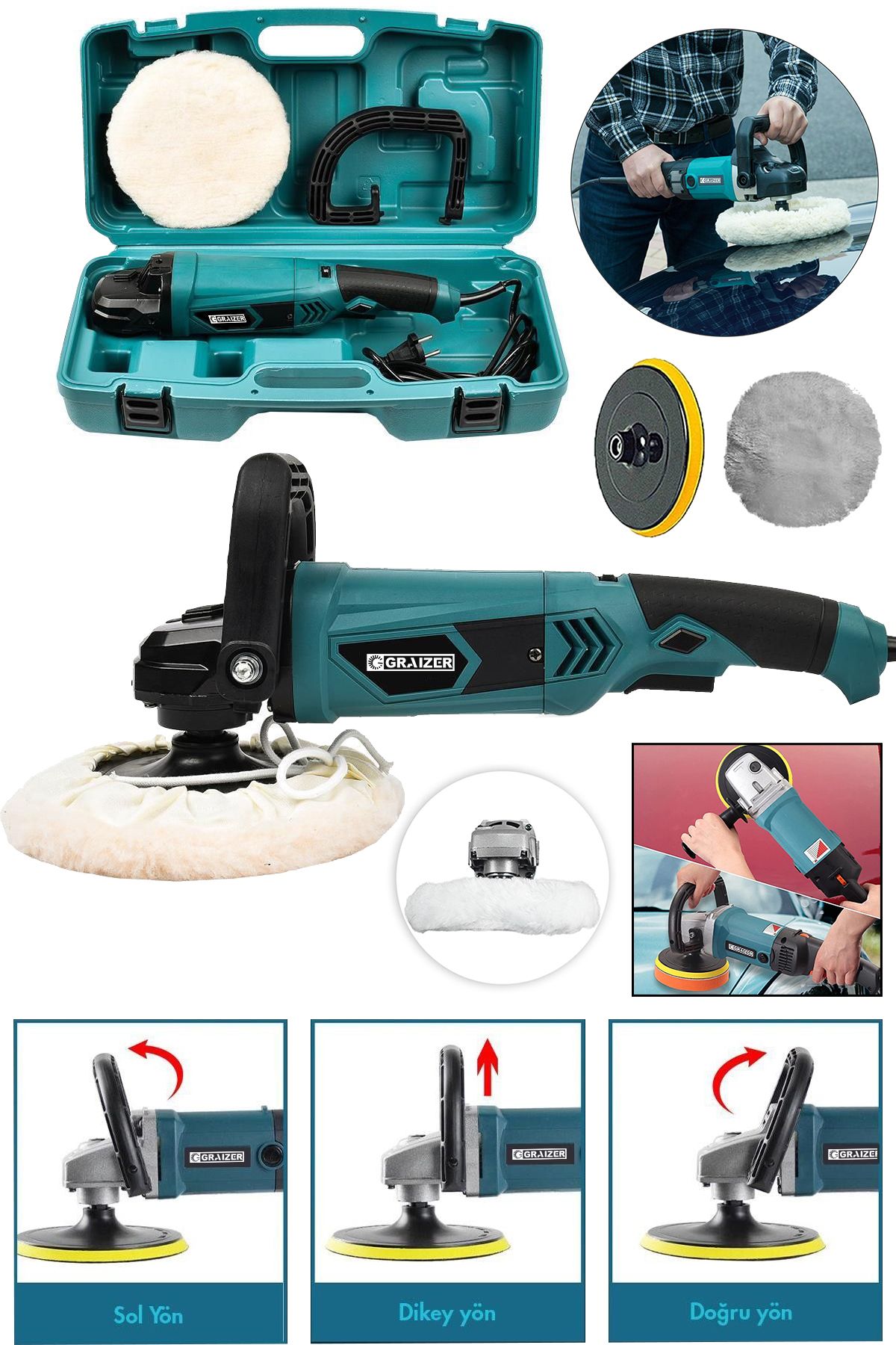 Graizer Devir Ayarlı Polisaj Makinesi 6 Kademeli Pasta Cila Kiti 1300 Watt 180 Mm