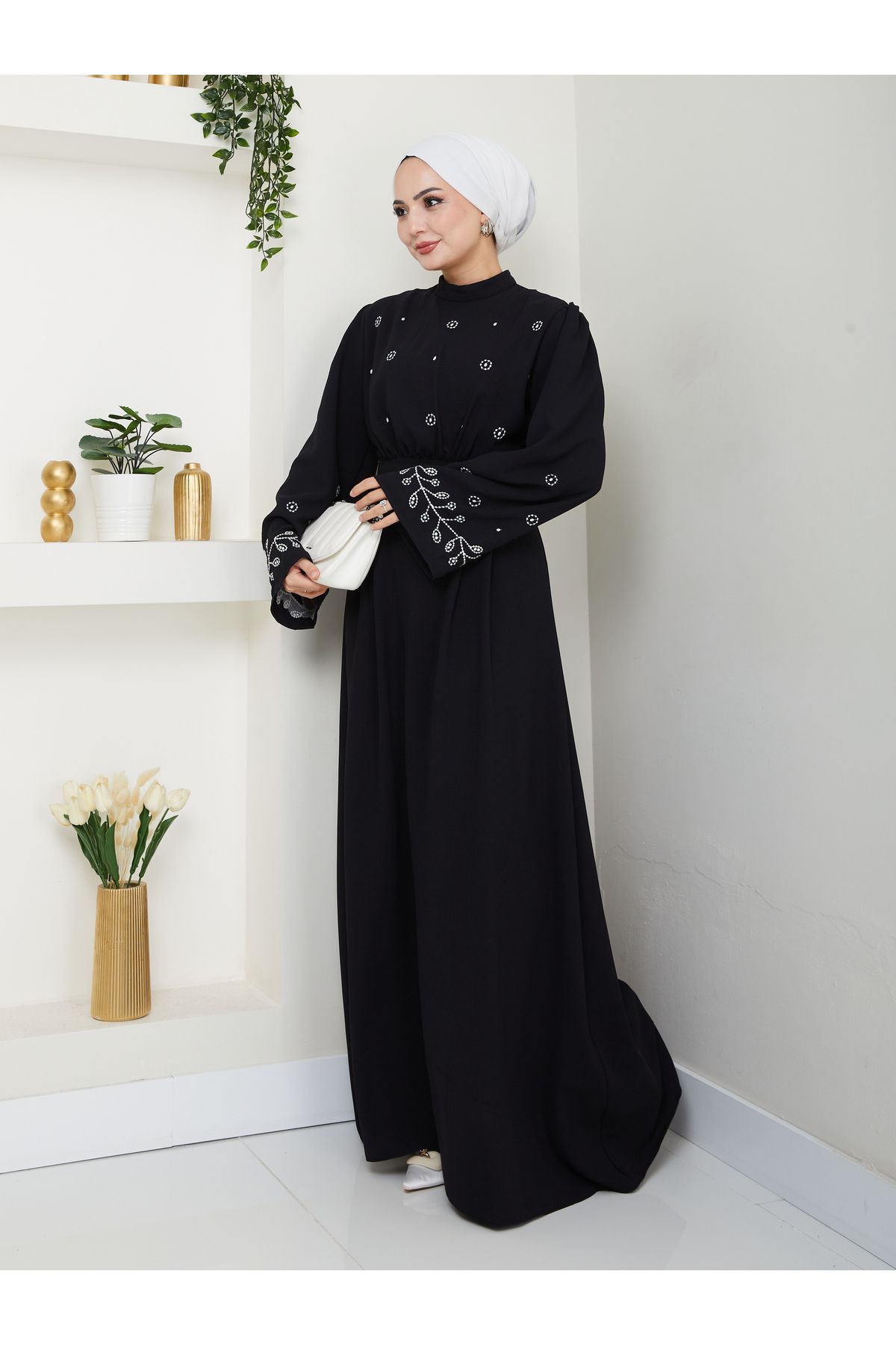 EFSUN MODA KADIN TESETTÜR NAKİŞLİ ELBİSE BALAMALI