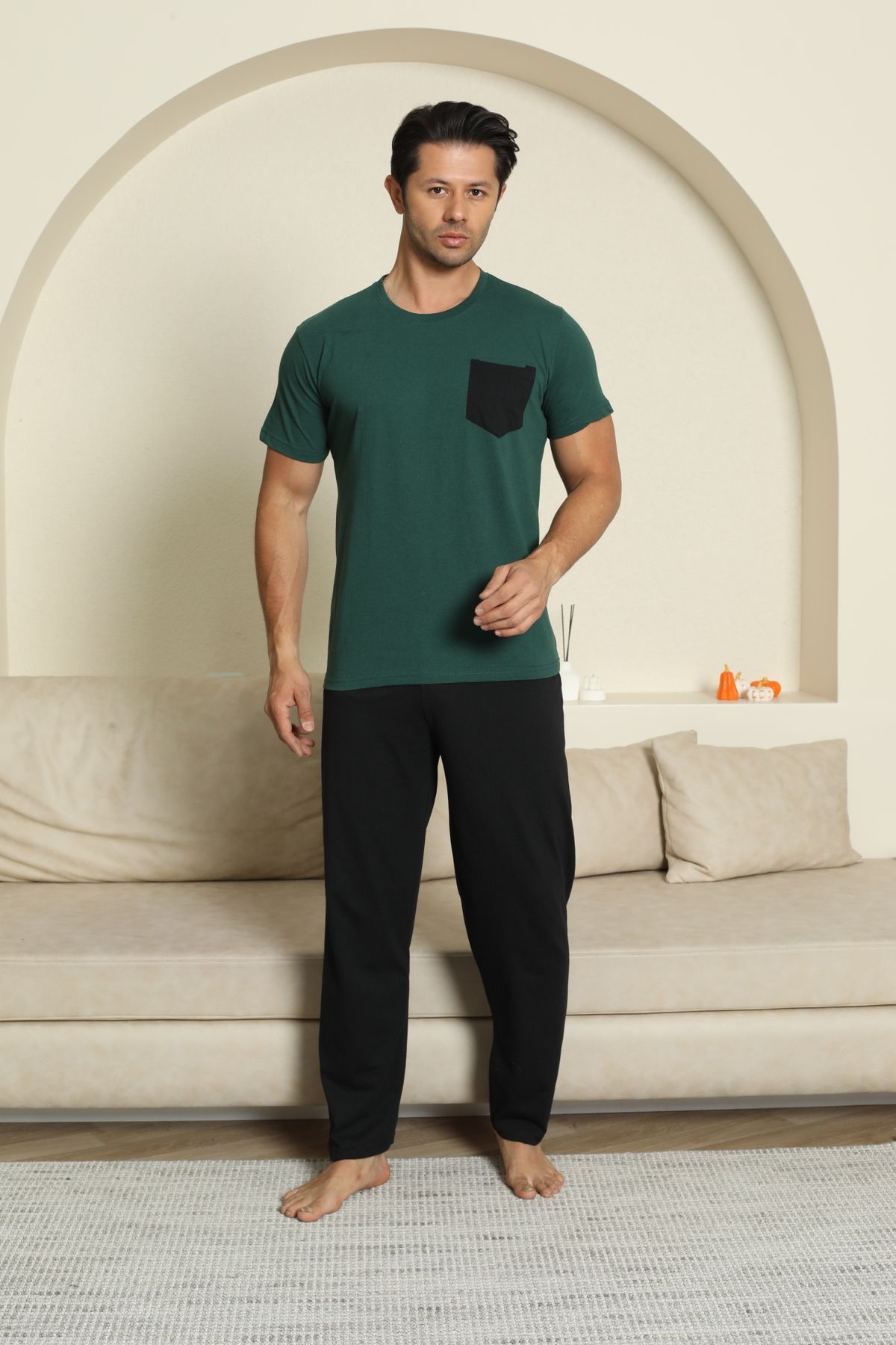 LİLA İÇ GİYİM Erkek Pamuk Cepli Yeşil Pijama Takımı