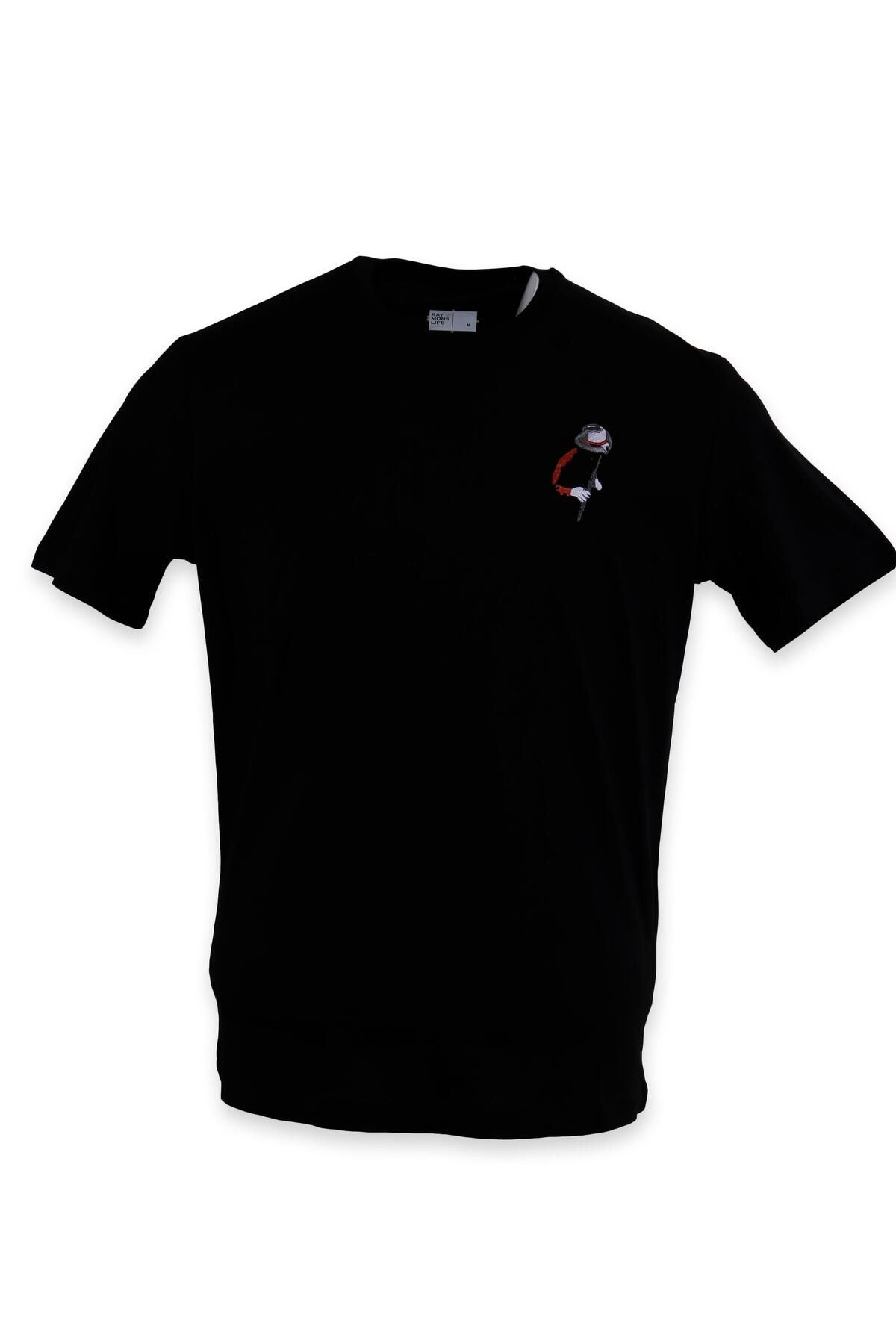 Globay Erkek Nakış İşlemeli Pamuklu Slim Fit Tişört T6024-SİYAH