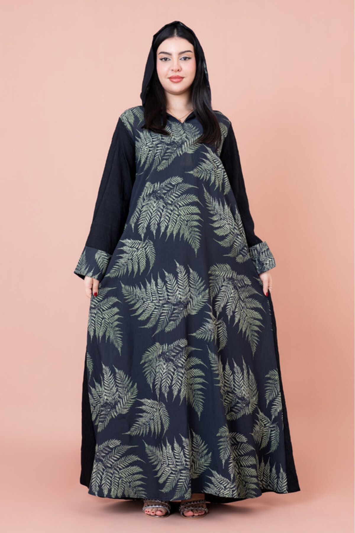 IKKXA Hooded Leaf Print Jalabiya