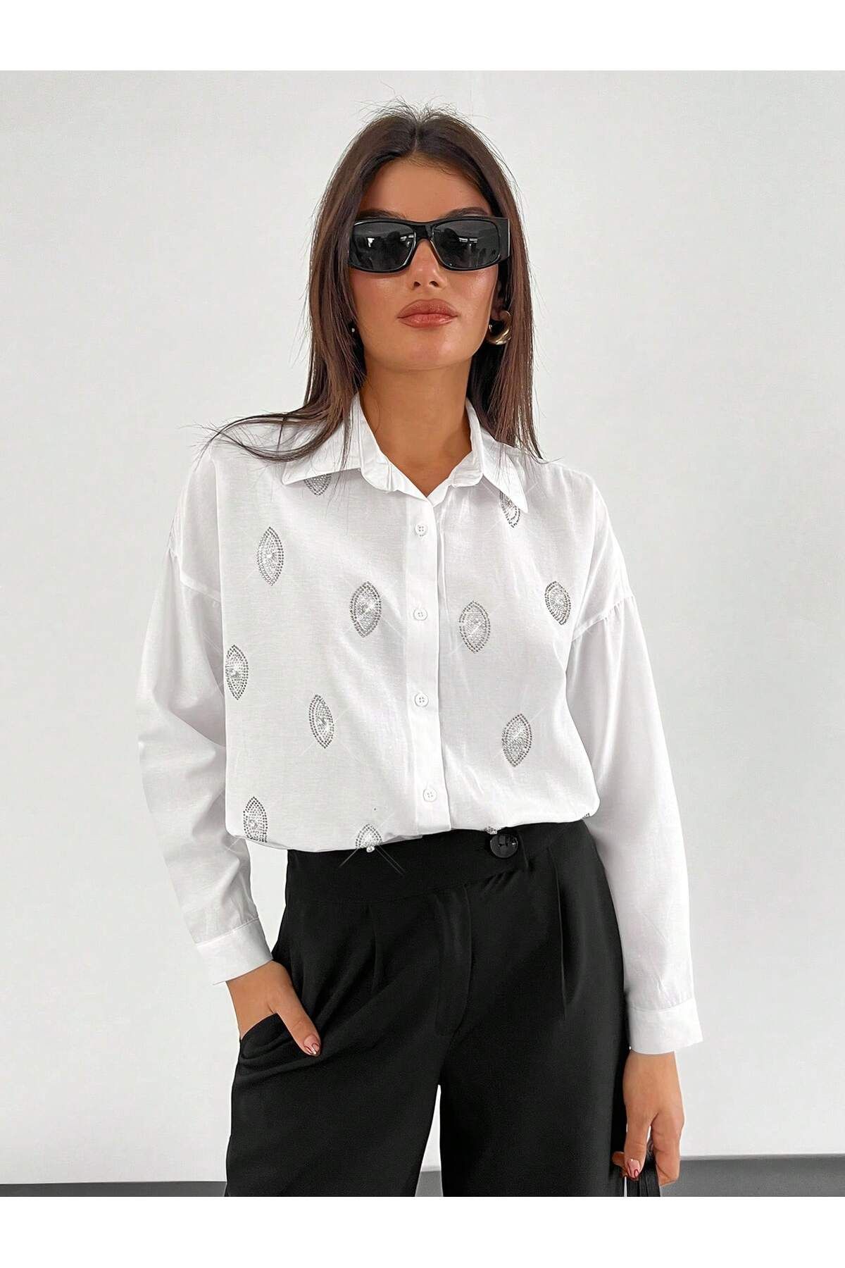Basko fashion OVAL TAŞ DESEN BEYAZ GÖMLEK