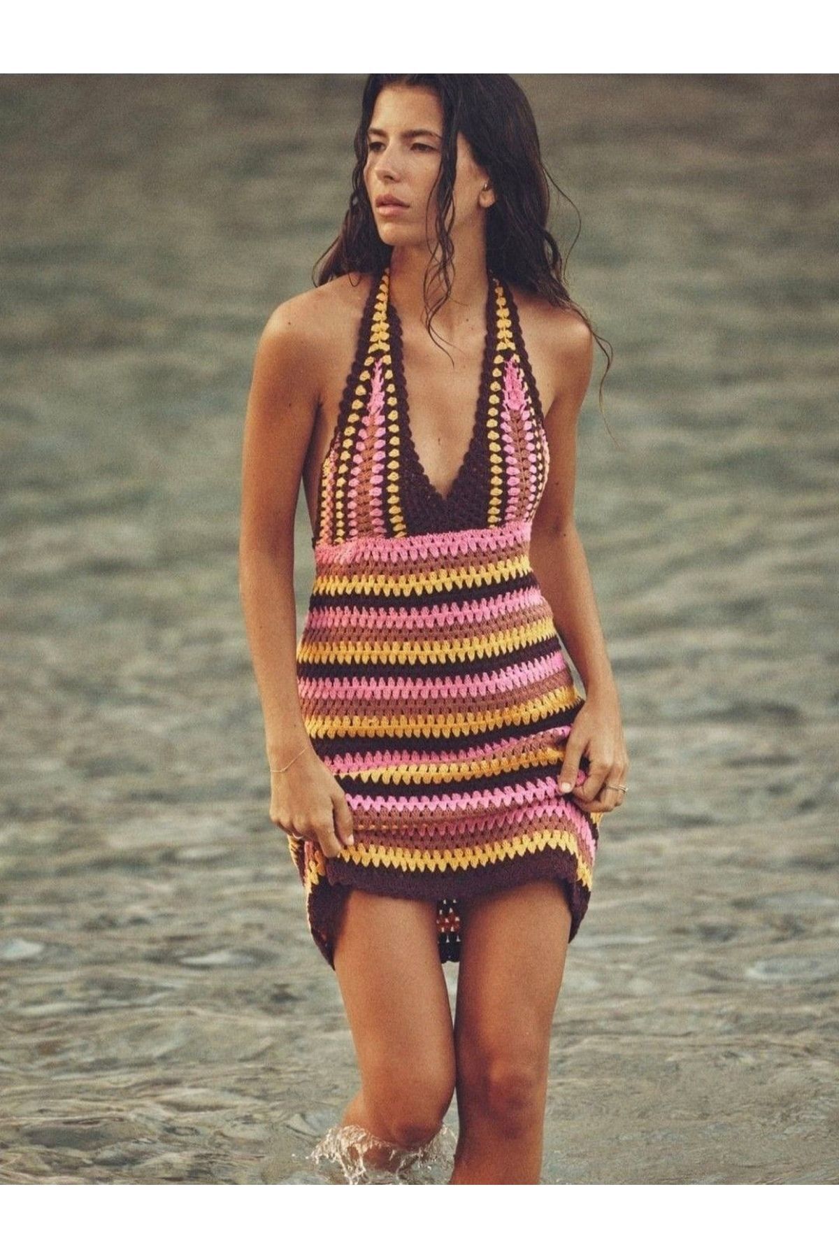 Butik Kroşe Örgü Halter Yaka Mini Elbise Abzr0024