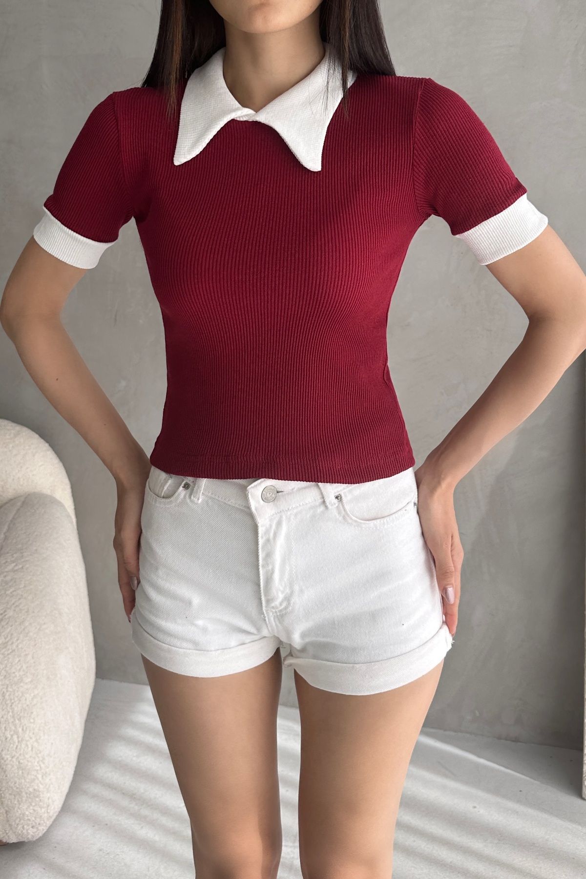 Rabi Shine KADIN POLO YAKA FİTİLLİ ÖRME BLUZ