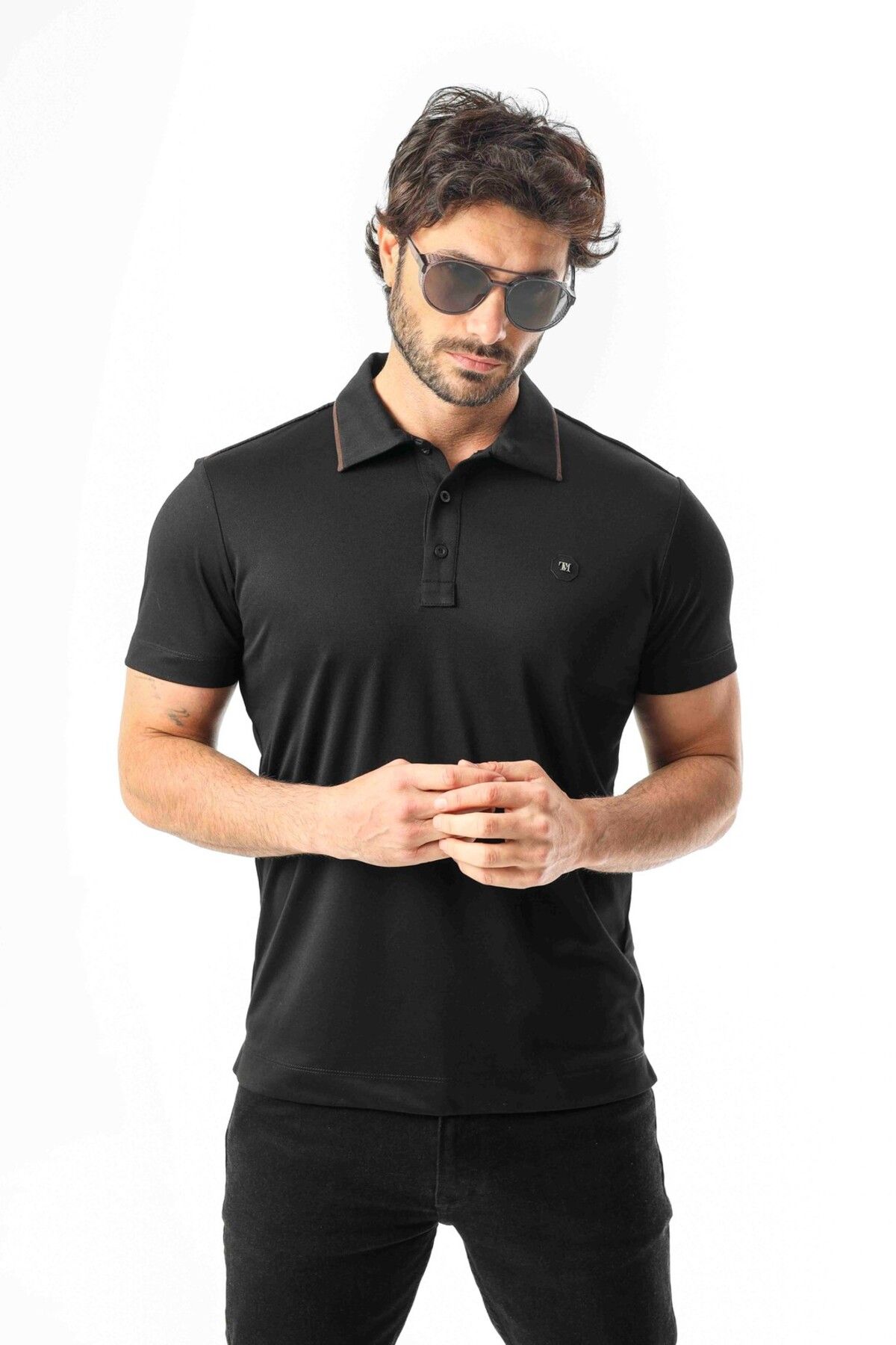 Tony Montana Polo Yaka Omzu Çizgili Armalı Düğmeli T-Shirt-6275