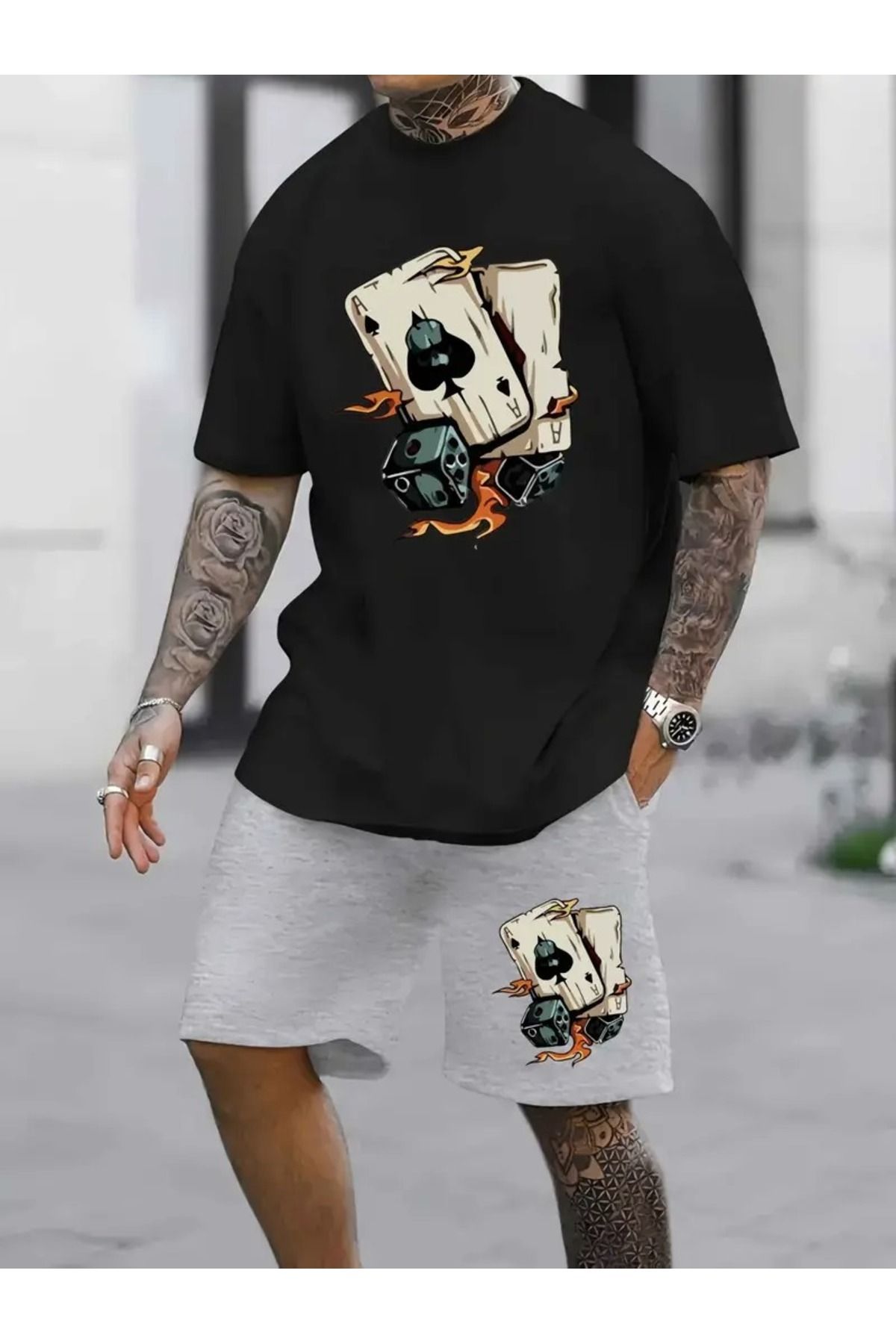 LAND MODA Erkekler için Rahat Yaka T-Shirt, Kart Çekirdek Baskılı, Bol Kesim