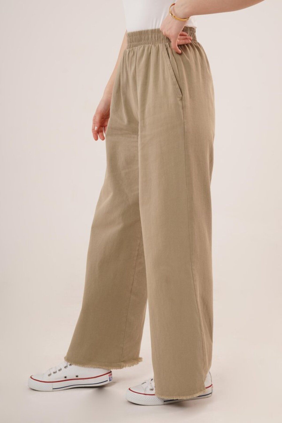 VELİZADE Yüksek Bel Esnek Konfor Modeli Beli Lastikli Paçası Püsküllü Bol Paça Wide Leg Palazzo Pantolon