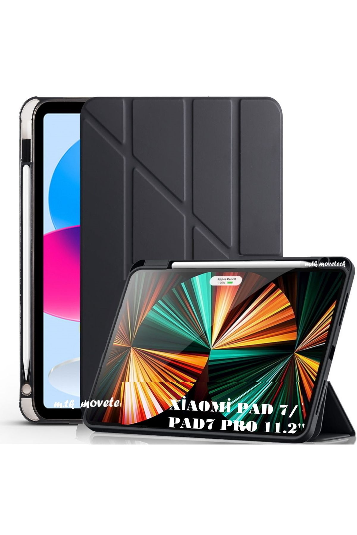 m.tk moveteck Mi Pad 7/7 Pro 11.2 inç Uyumlu Kılıf Kalem Bölmeli Üçgen Katlanır Standlı Yumuşak Silikon