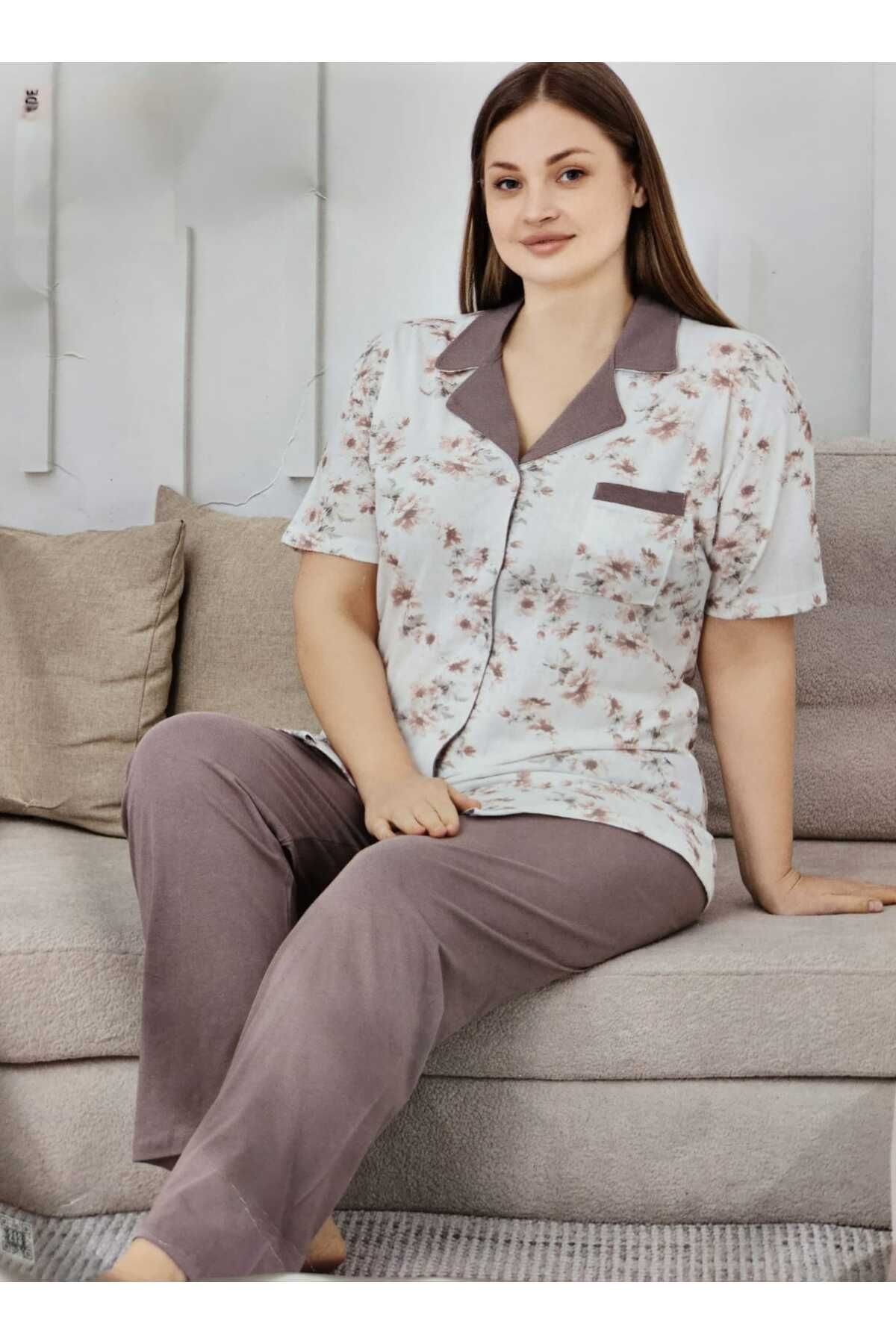 Mirano Gömlek Yaka Önden Düğmeli Çiçek Desenli Kısa Kollu Kadın Pijama Takımı 6690 Ekru