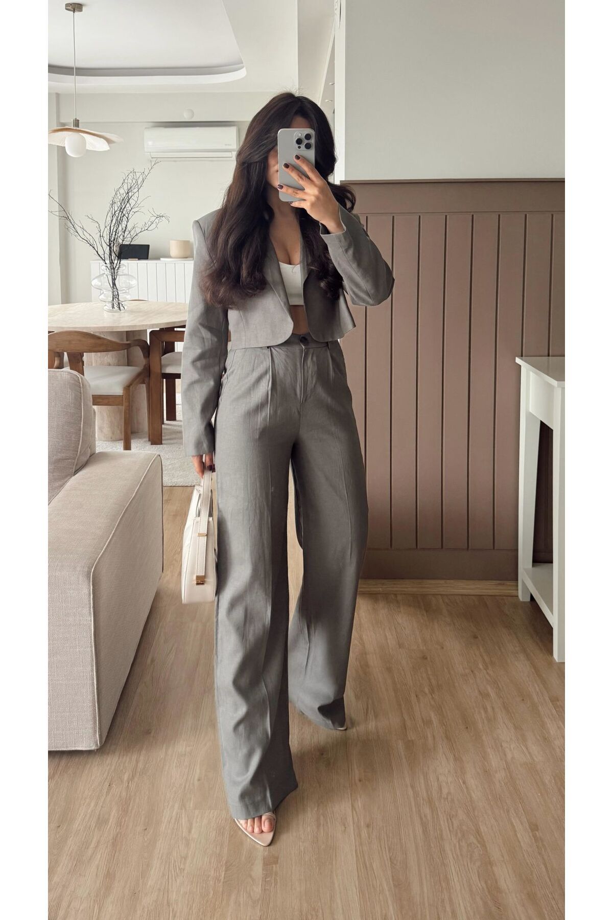 Fistan Byn Melisa Crop Blazer Keten Takım Haki