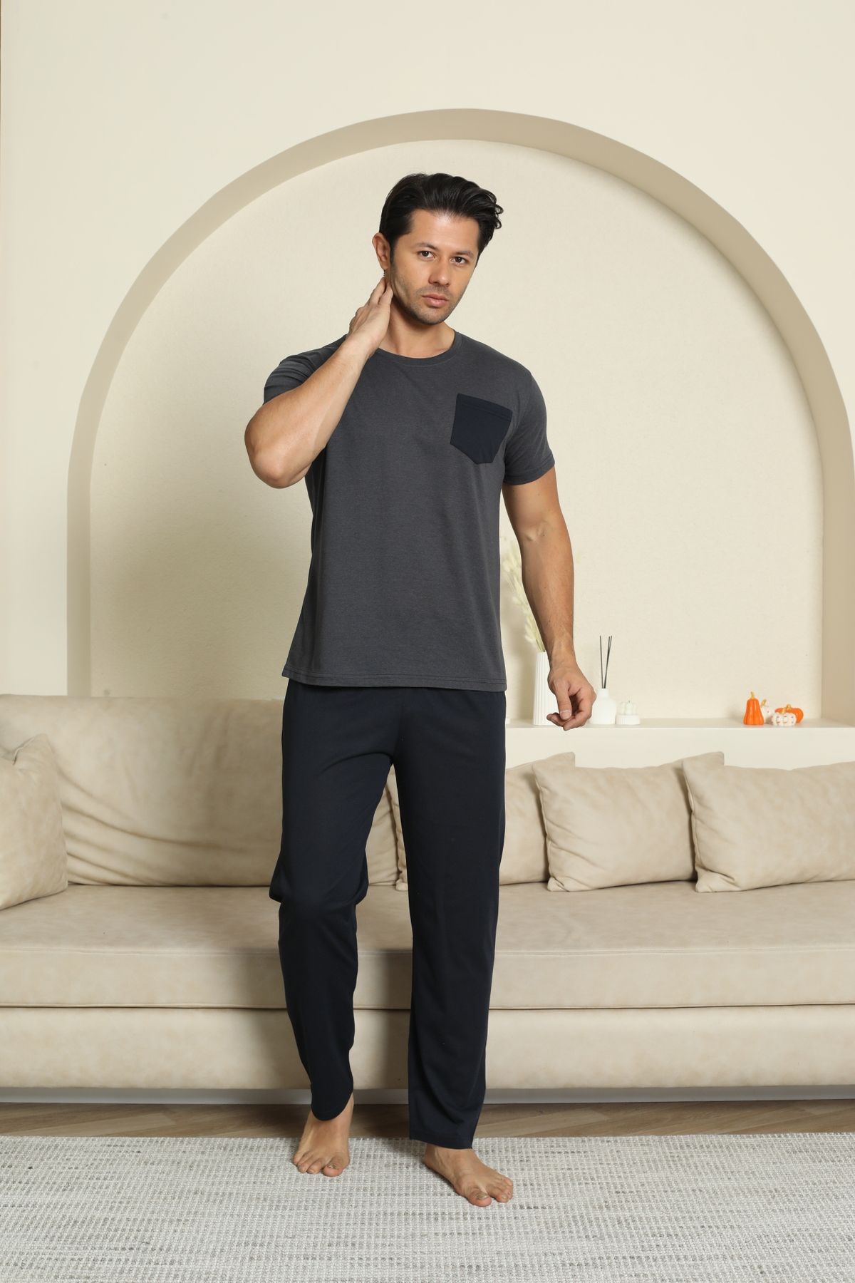 LİLA İÇ GİYİM Erkek Pamuk Cepli Füme Pijama Takımı