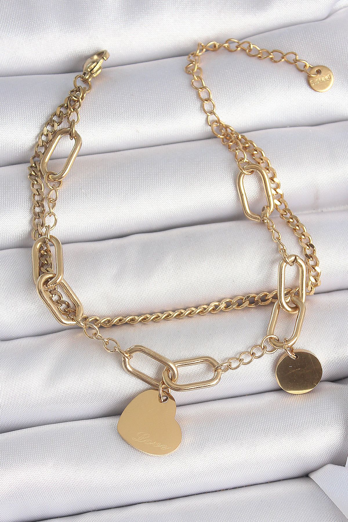 SeyCey.co 316L Çelik Gold Renk 2'Li Zincir Model Sallantı Kalp Figür Kadın Bileklik