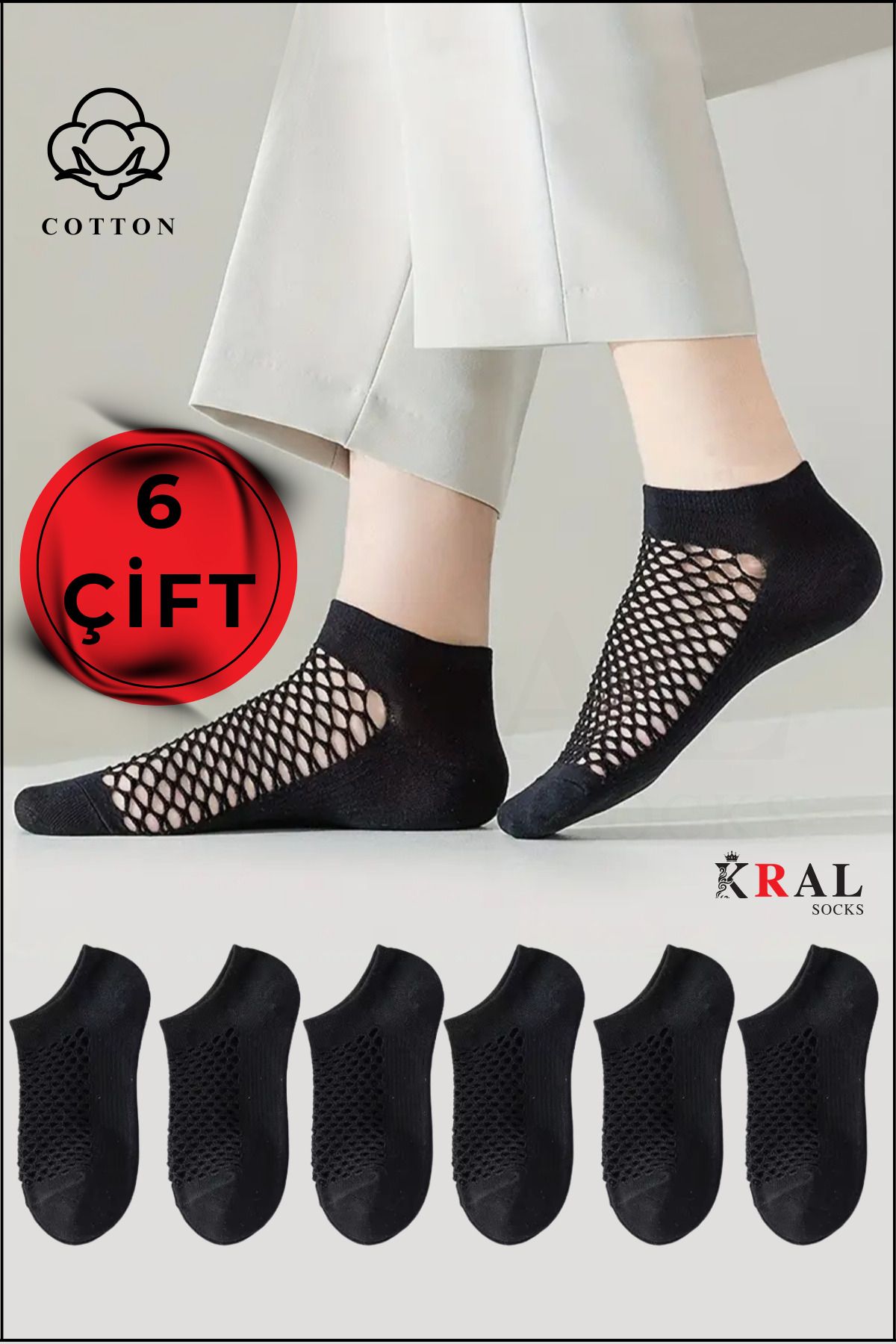 KRAL SOCKS Kadın Patik (6 ÇİFT) Çeyrek Soket File Model Pamuklu Terletmez Çorap Seti